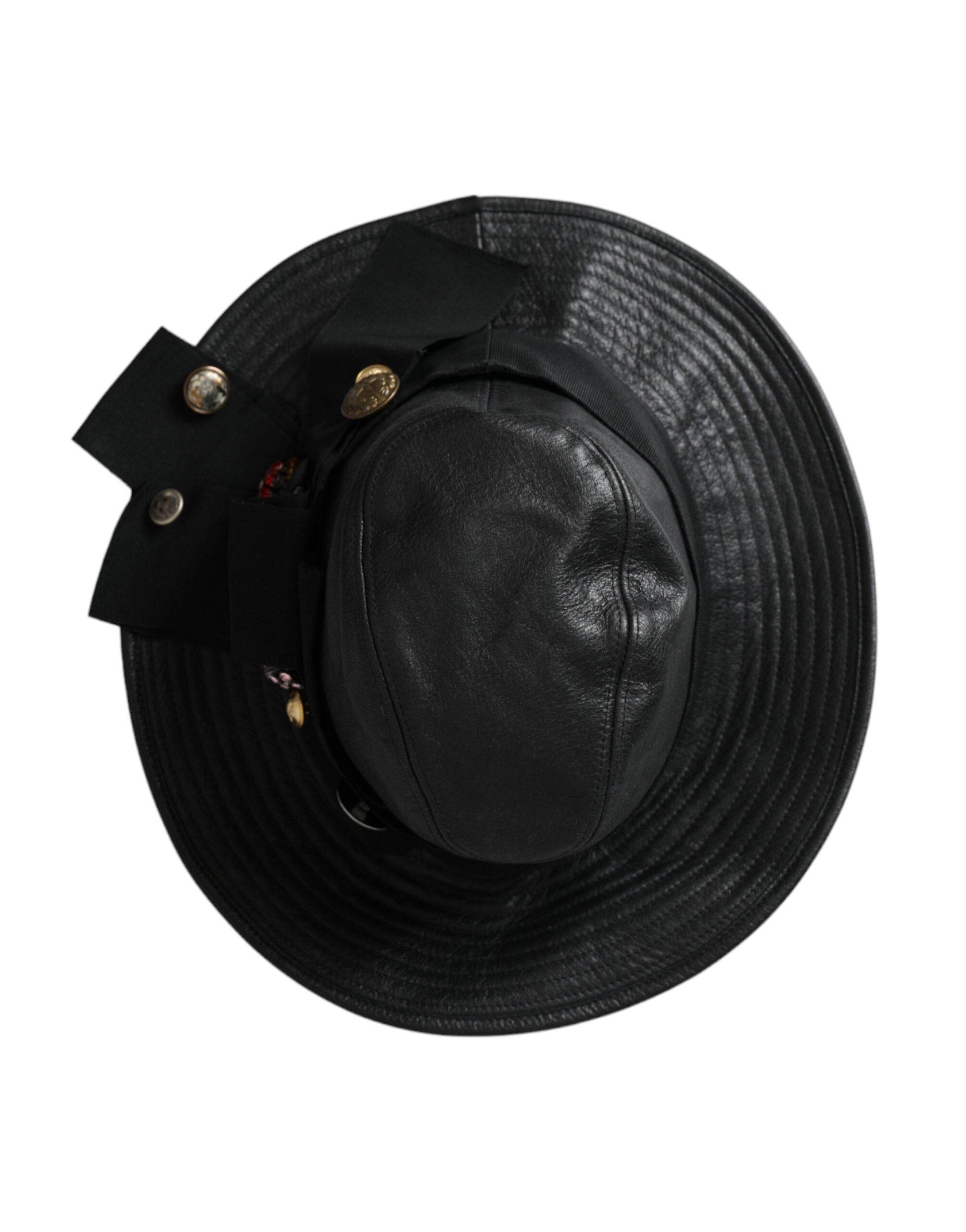 Dolce & Gabbana Black Leather DG Coin Crystal Wide Brim Hat - Hilstor