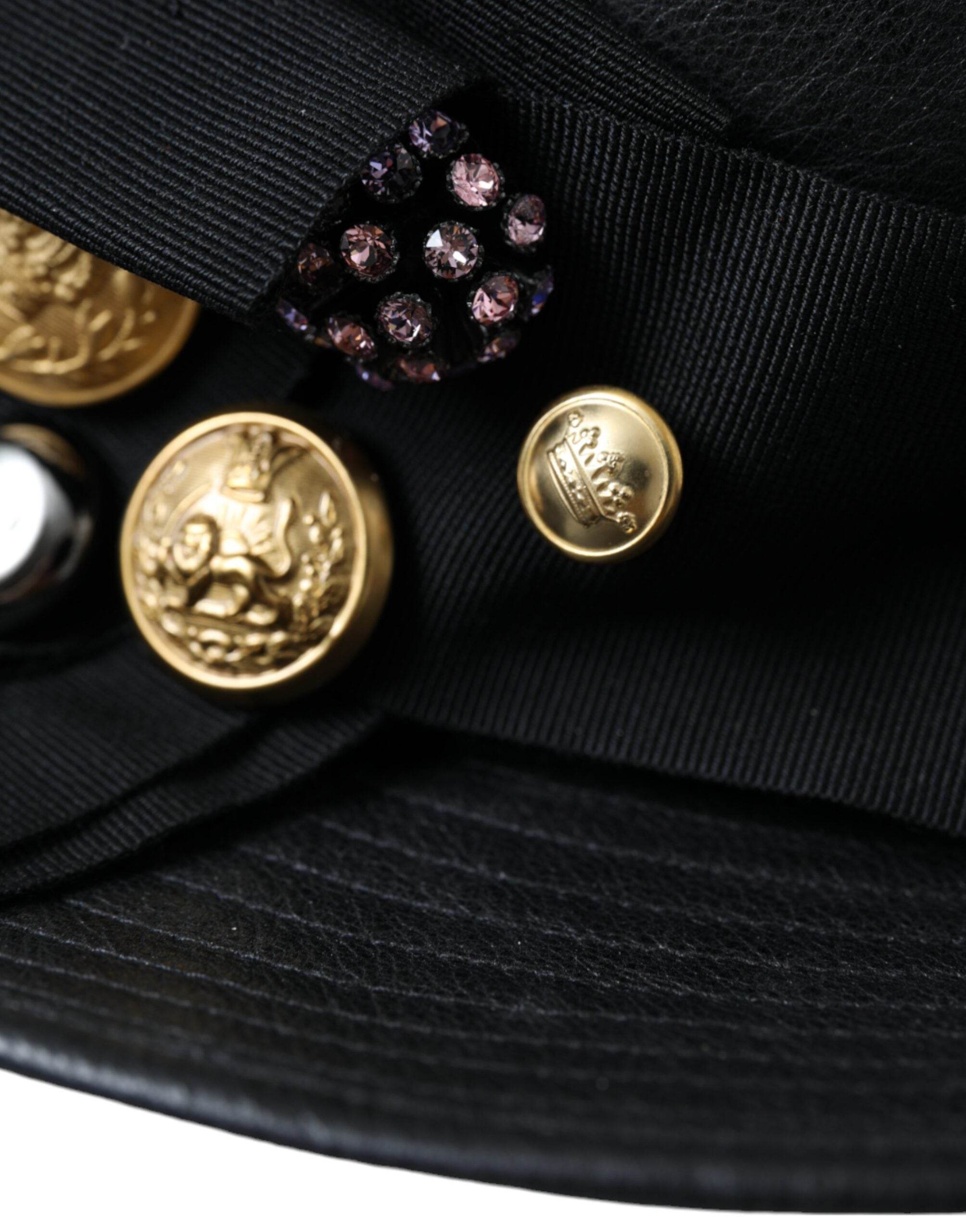 Dolce & Gabbana Black Leather DG Coin Crystal Wide Brim Hat - Hilstor