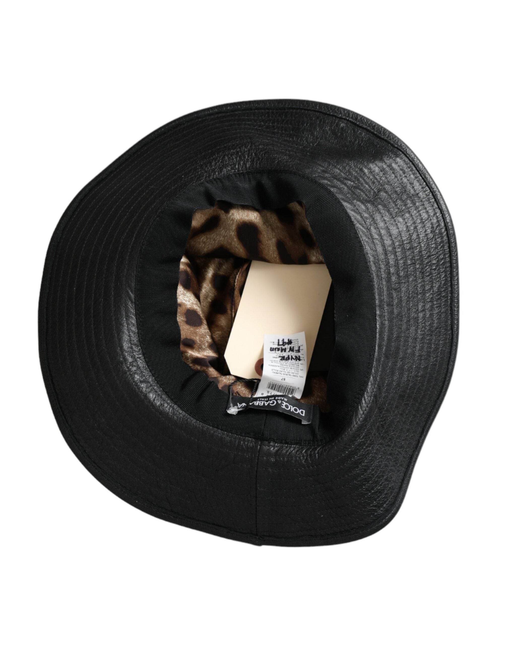 Dolce & Gabbana Black Leather DG Coin Crystal Wide Brim Hat - Hilstor