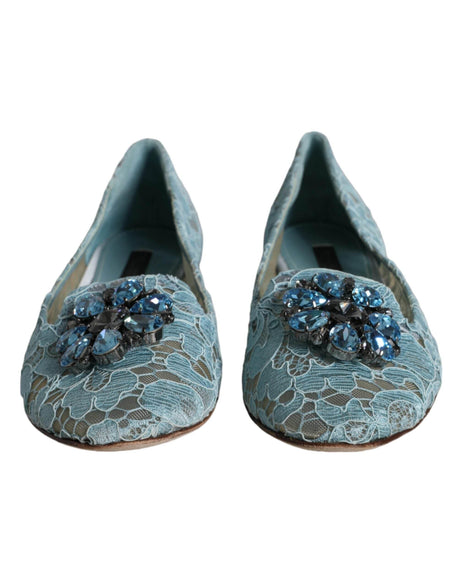 Dolce & Gabbana Blue Lace Crystal Ballet Flats Loafers Shoes - Hilstor