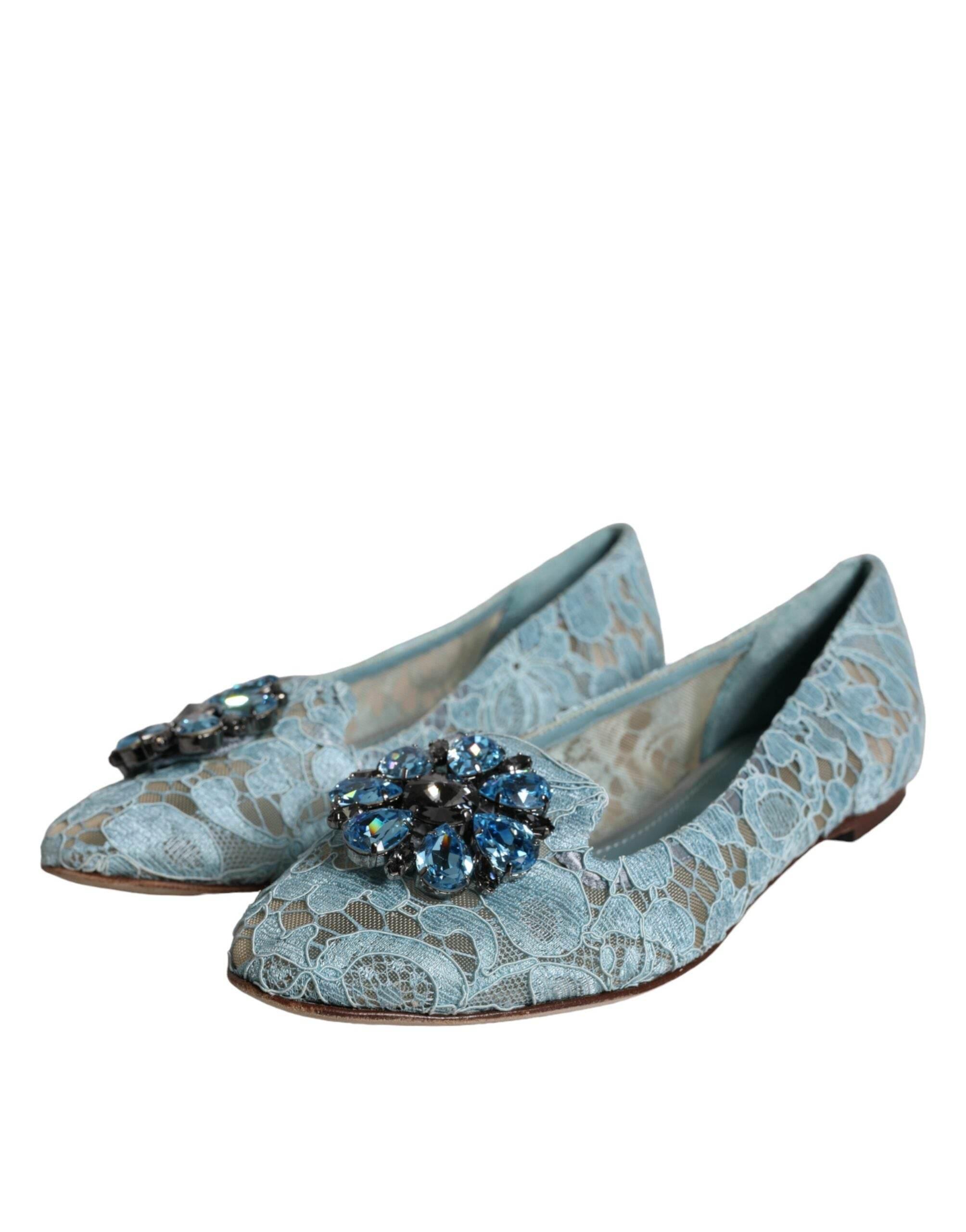 Dolce & Gabbana Blue Lace Crystal Ballet Flats Loafers Shoes - Hilstor