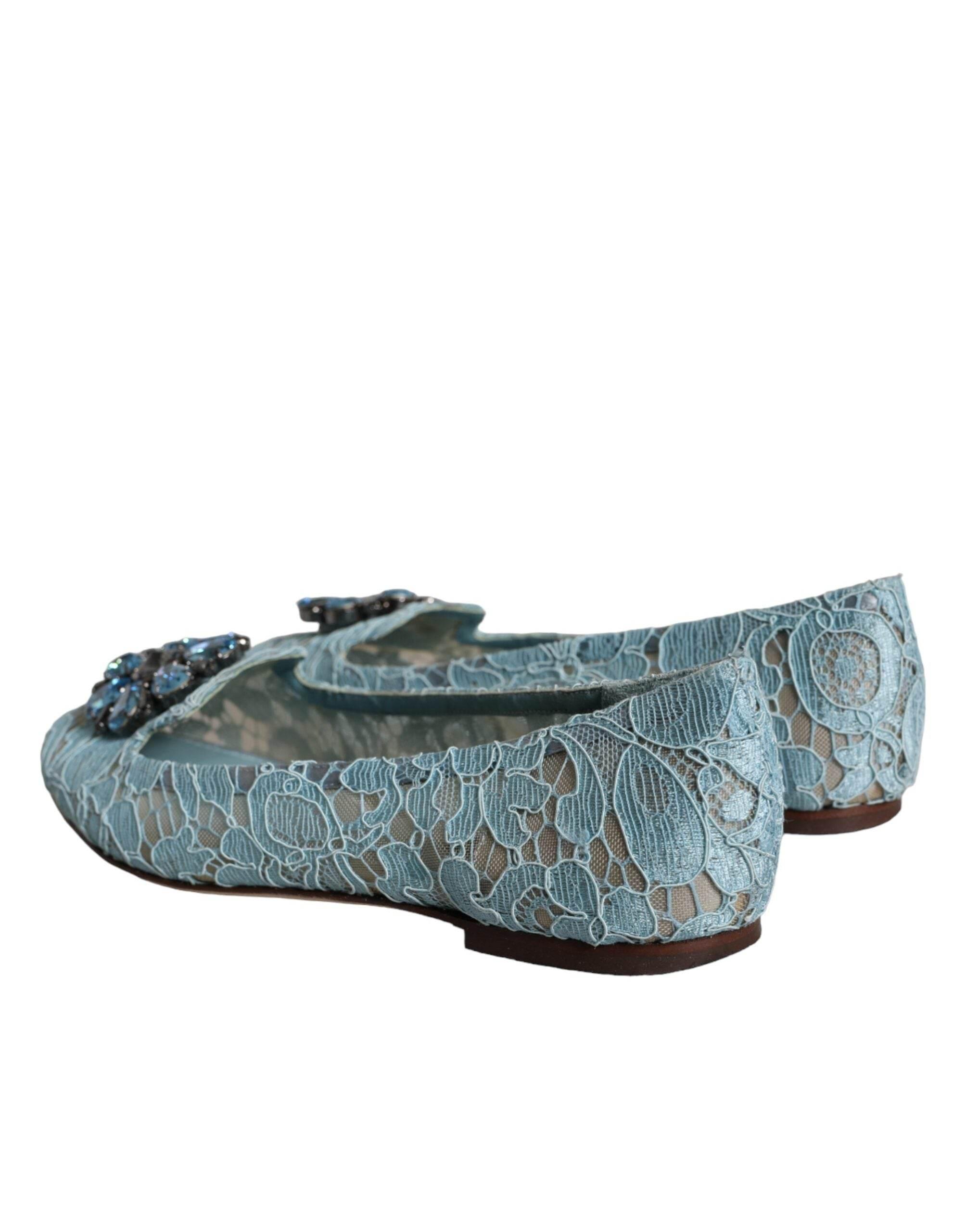 Dolce & Gabbana Blue Lace Crystal Ballet Flats Loafers Shoes - Hilstor