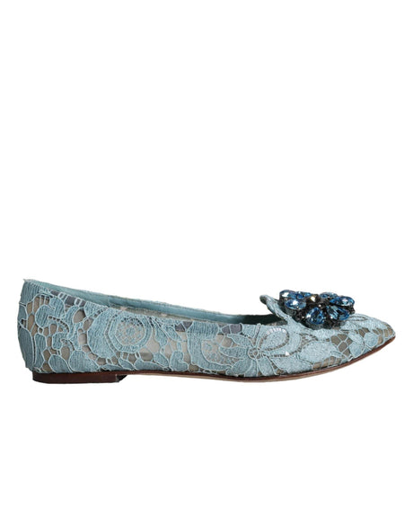Dolce & Gabbana Blue Lace Crystal Ballet Flats Loafers Shoes - Hilstor