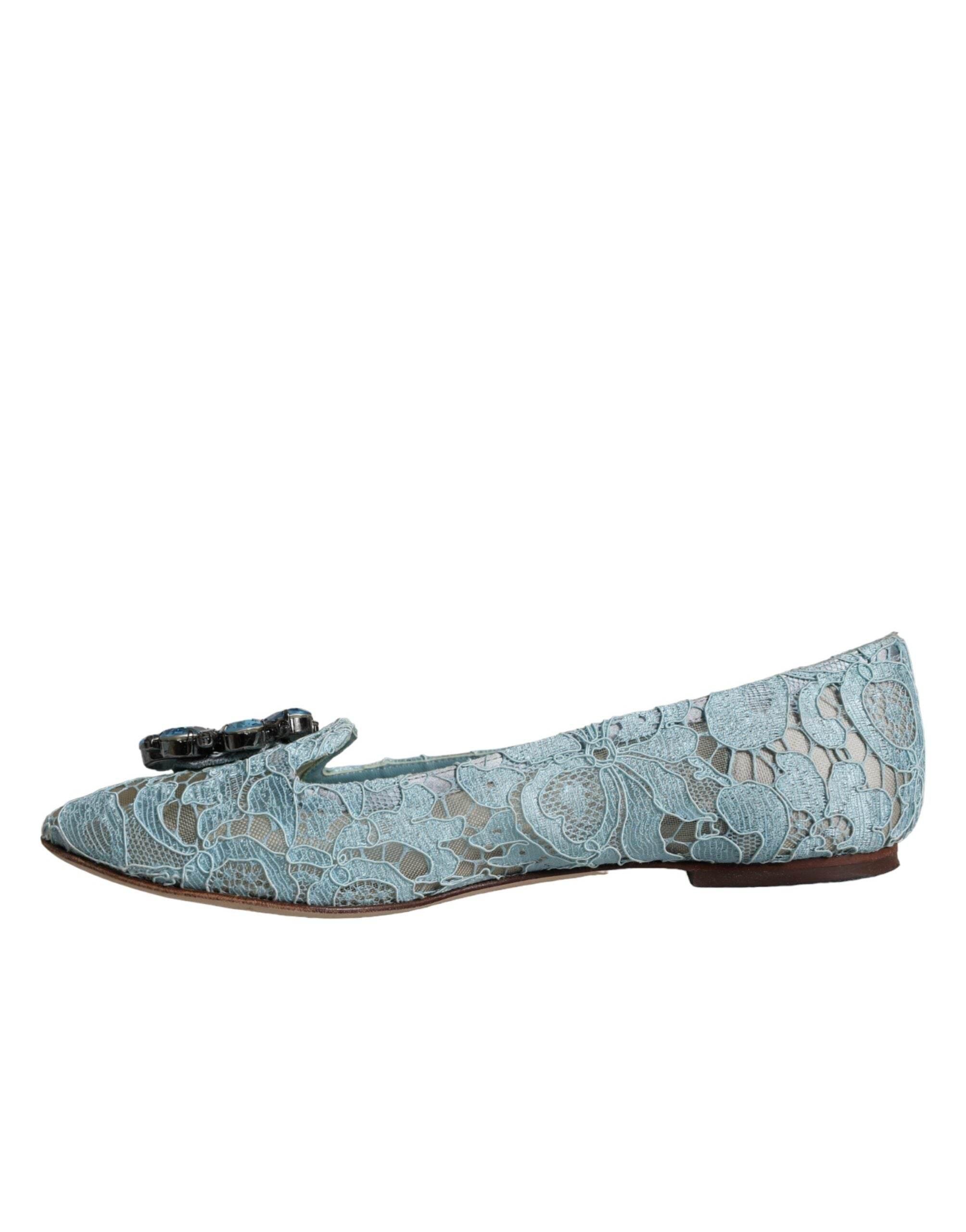 Dolce & Gabbana Blue Lace Crystal Ballet Flats Loafers Shoes - Hilstor