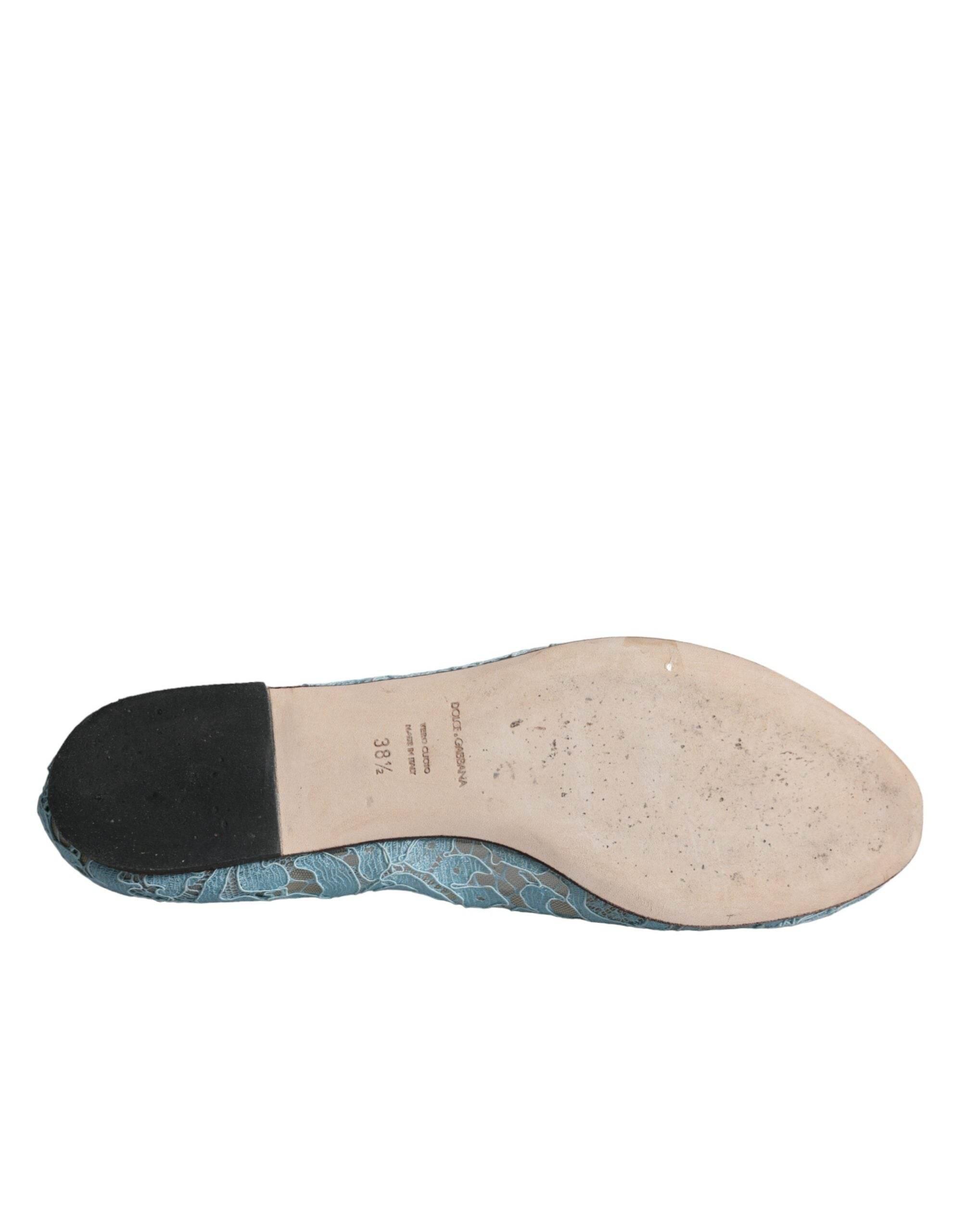Dolce & Gabbana Blue Lace Crystal Ballet Flats Loafers Shoes - Hilstor