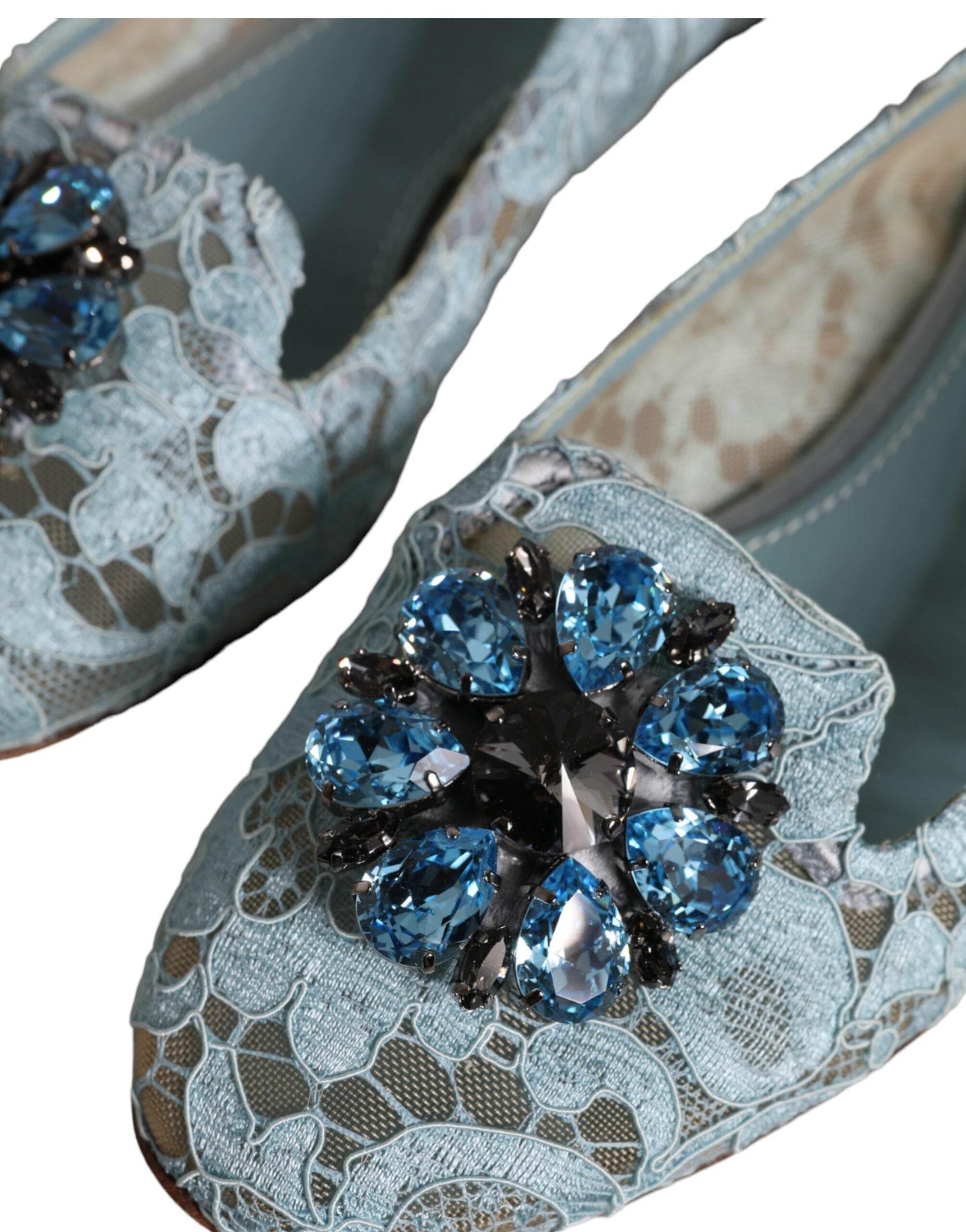 Dolce & Gabbana Blue Lace Crystal Ballet Flats Loafers Shoes - Hilstor