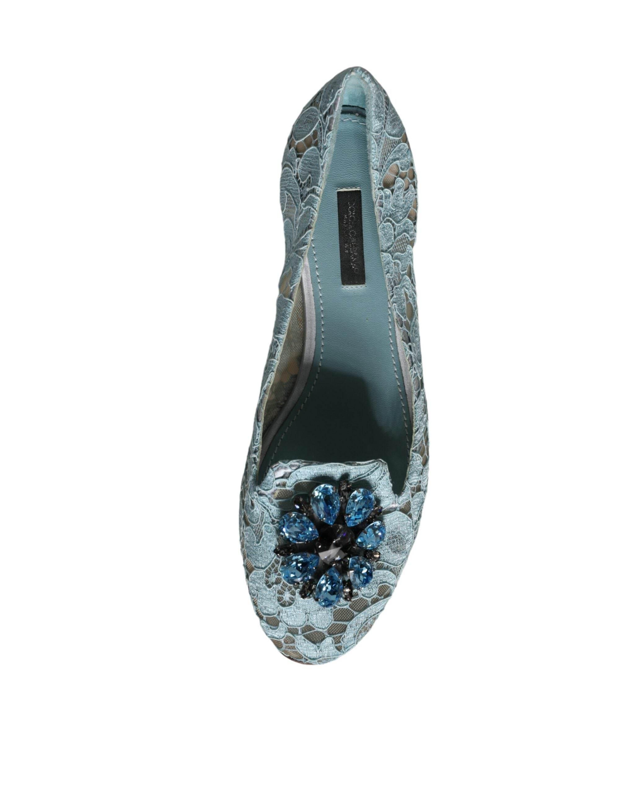 Dolce & Gabbana Blue Lace Crystal Ballet Flats Loafers Shoes - Hilstor