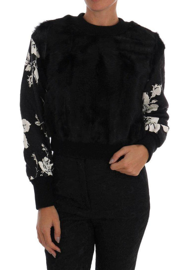 Dolce & Gabbana Black Fur Floral Brocade Zipper Sweater - Hilstor