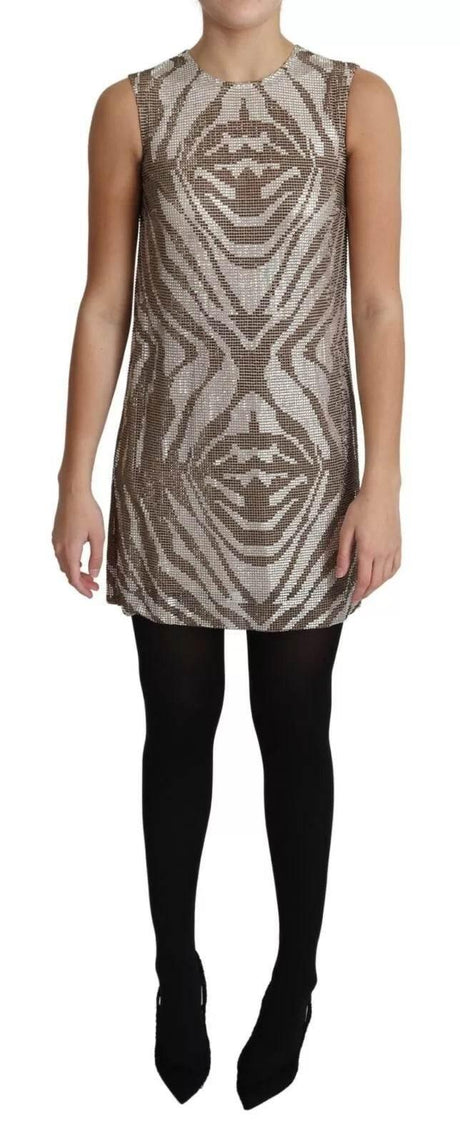 Dolce & Gabbana Brown Crystal Shift Mini Zebra Silver Dress - Hilstor