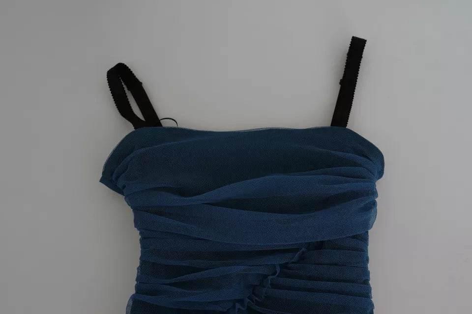 Dolce & Gabbana Blue Draped Tulle Midi Sheath Cotton Dress - Hilstor