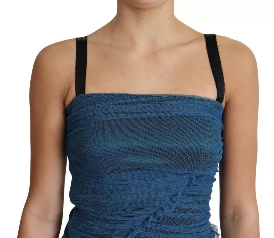 Dolce & Gabbana Blue Draped Tulle Midi Sheath Cotton Dress - Hilstor