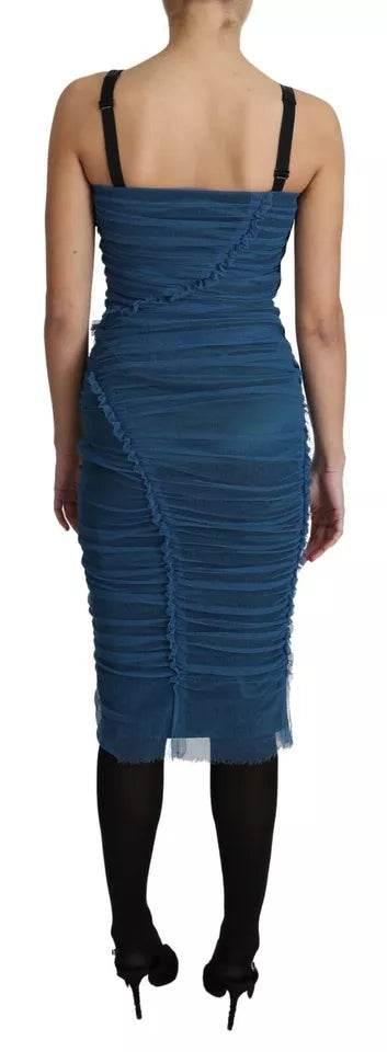 Dolce & Gabbana Blue Draped Tulle Midi Sheath Cotton Dress - Hilstor