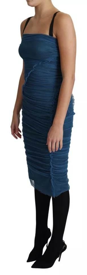 Dolce & Gabbana Blue Draped Tulle Midi Sheath Cotton Dress - Hilstor