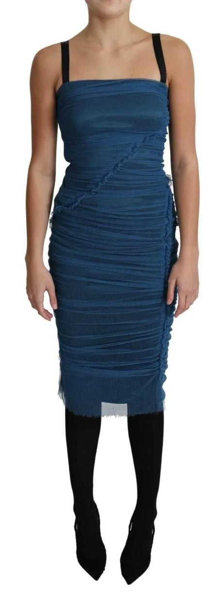 Dolce & Gabbana Blue Draped Tulle Midi Sheath Cotton Dress - Hilstor