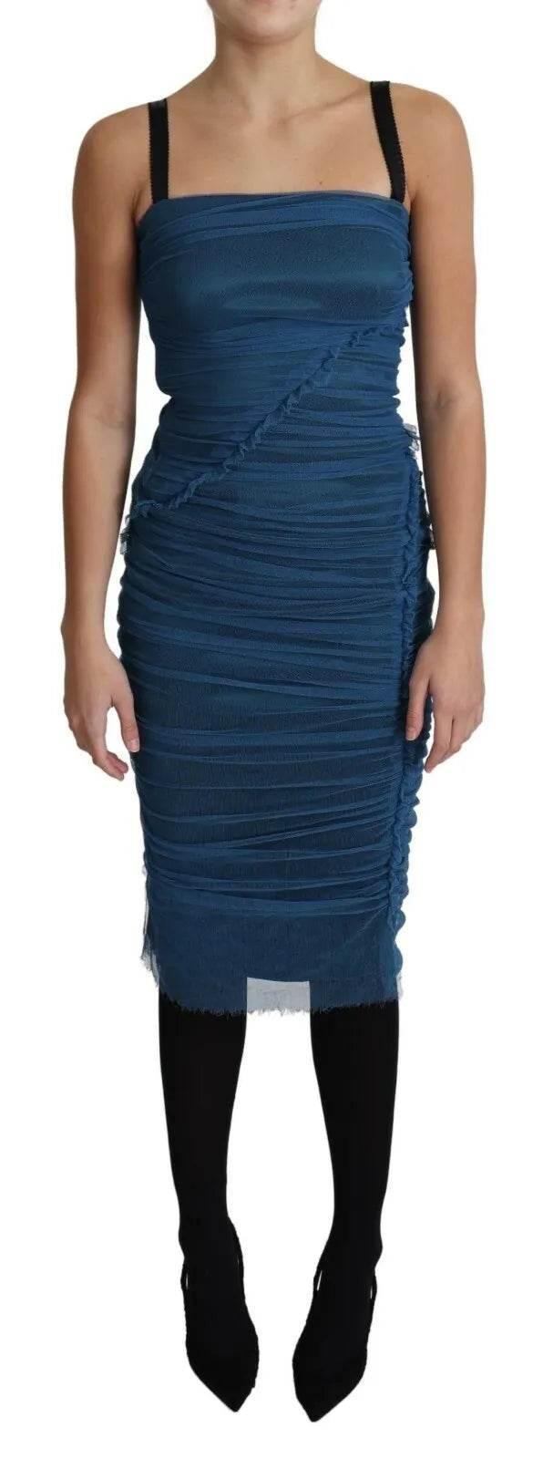Dolce & Gabbana Blue Draped Tulle Midi Sheath Cotton Dress - Hilstor