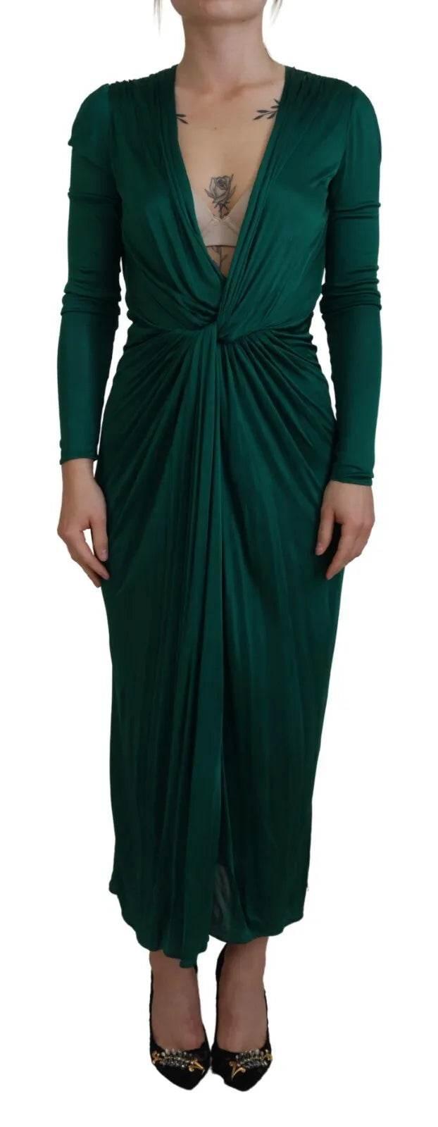 Dolce & Gabbana Dark Green Viscose Long Sleeve Midi Dress - Hilstor