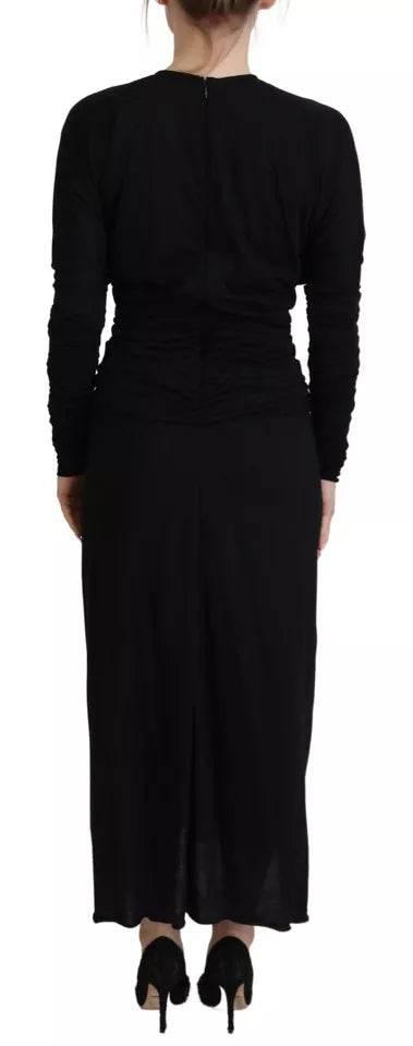 Dolce & Gabbana Black Sheath Midi Gown Wool Wrap Dress - Hilstor