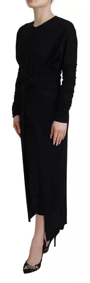 Dolce & Gabbana Black Sheath Midi Gown Wool Wrap Dress - Hilstor