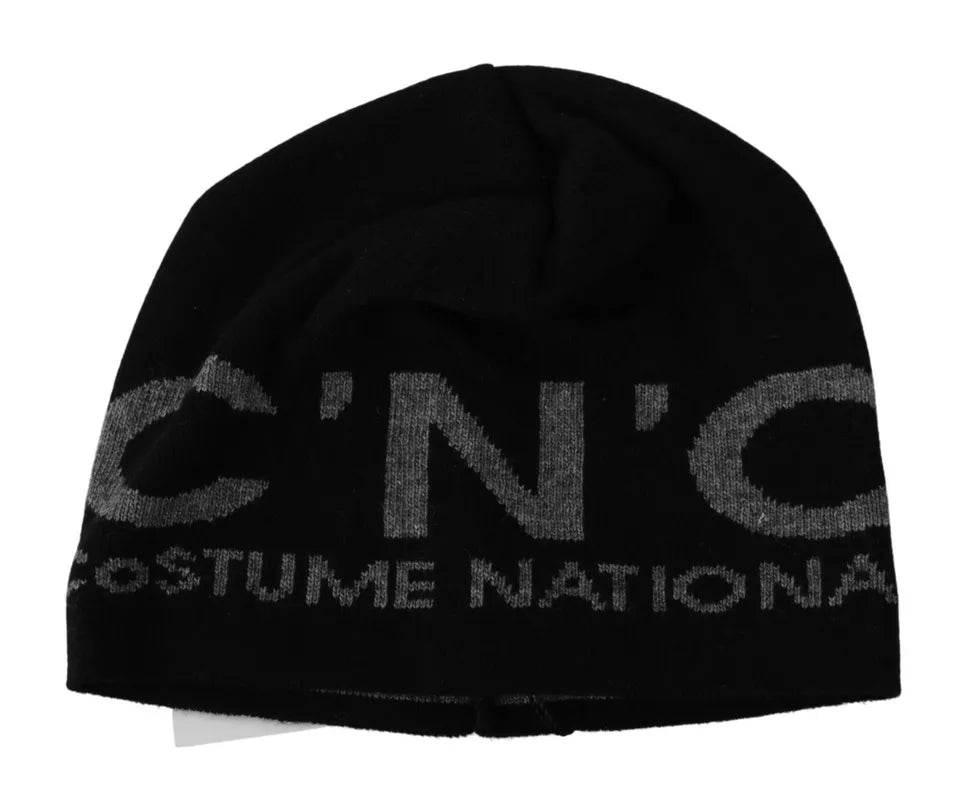 Costume National Black Wool Blend Branded Beanie Hat - Hilstor