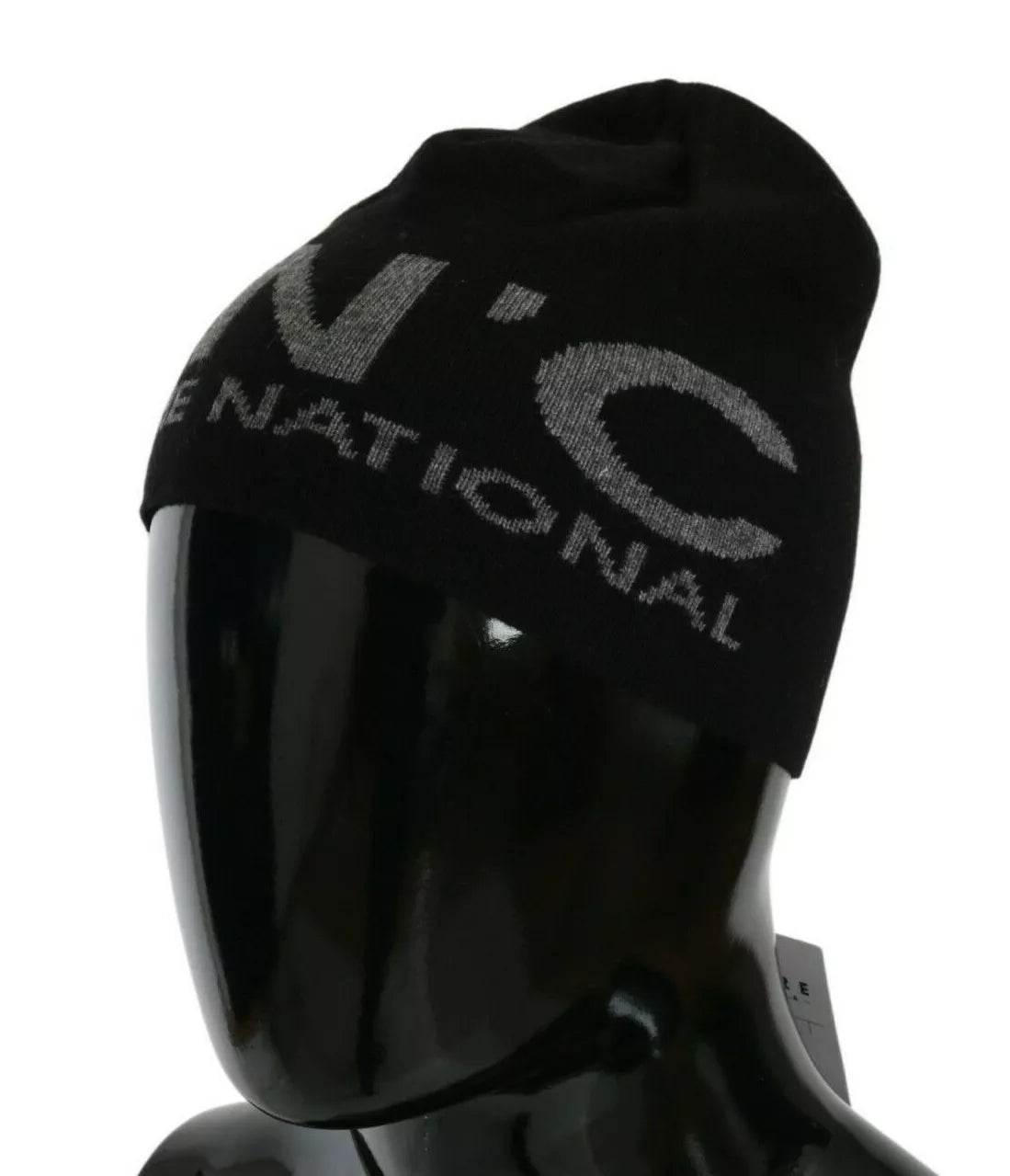 Costume National Black Wool Blend Branded Beanie Hat - Hilstor