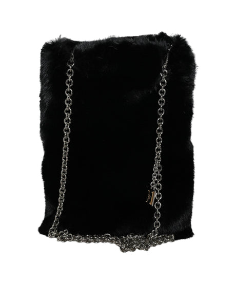 Dolce & Gabbana Black Faux Fur Silver Chain Crossbody Shoulder Purse Bag - Hilstor