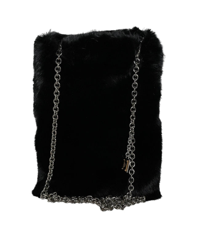 Dolce & Gabbana Black Faux Fur Silver Chain Crossbody Shoulder Purse Bag - Hilstor