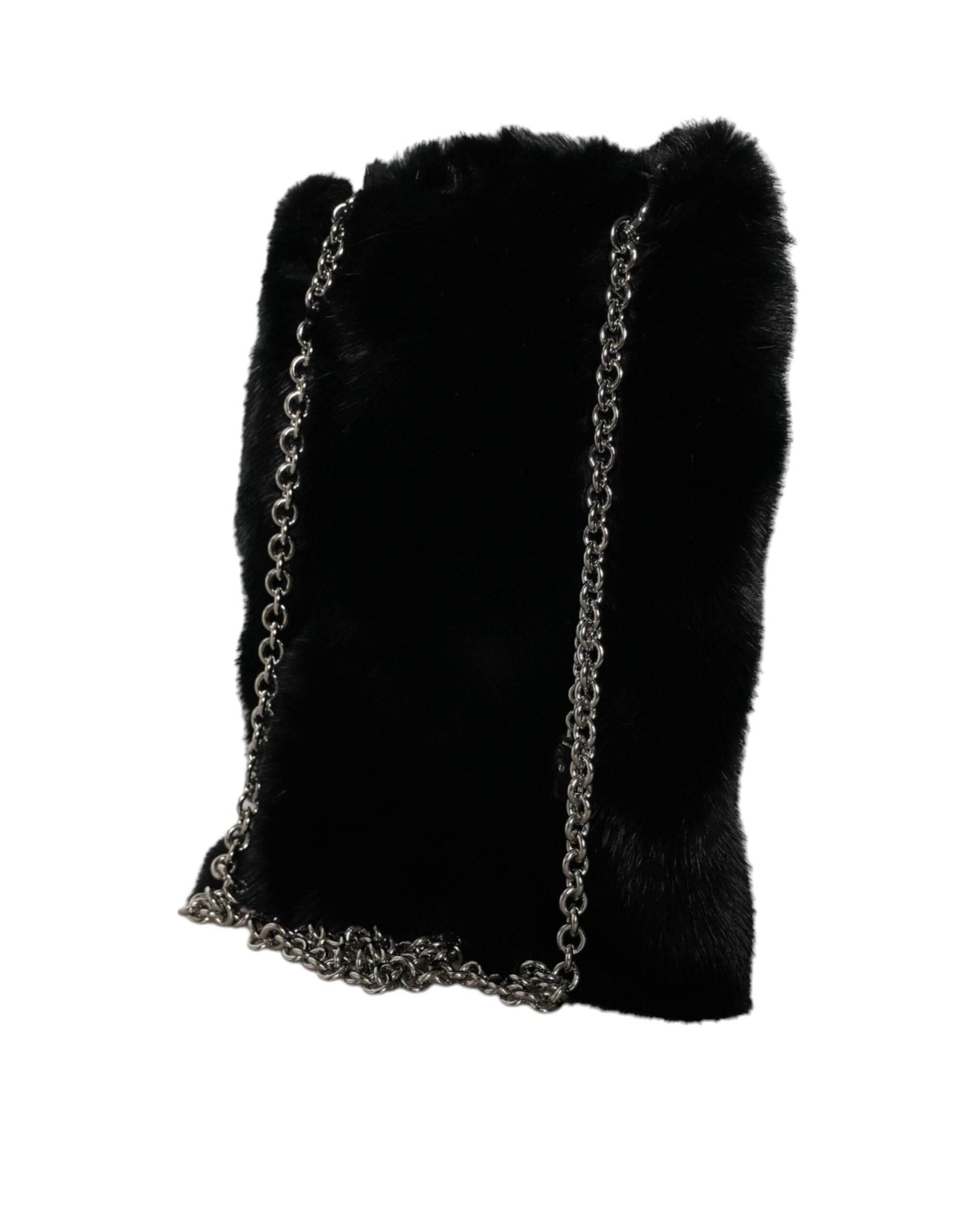 Dolce & Gabbana Black Faux Fur Silver Chain Crossbody Shoulder Purse Bag - Hilstor