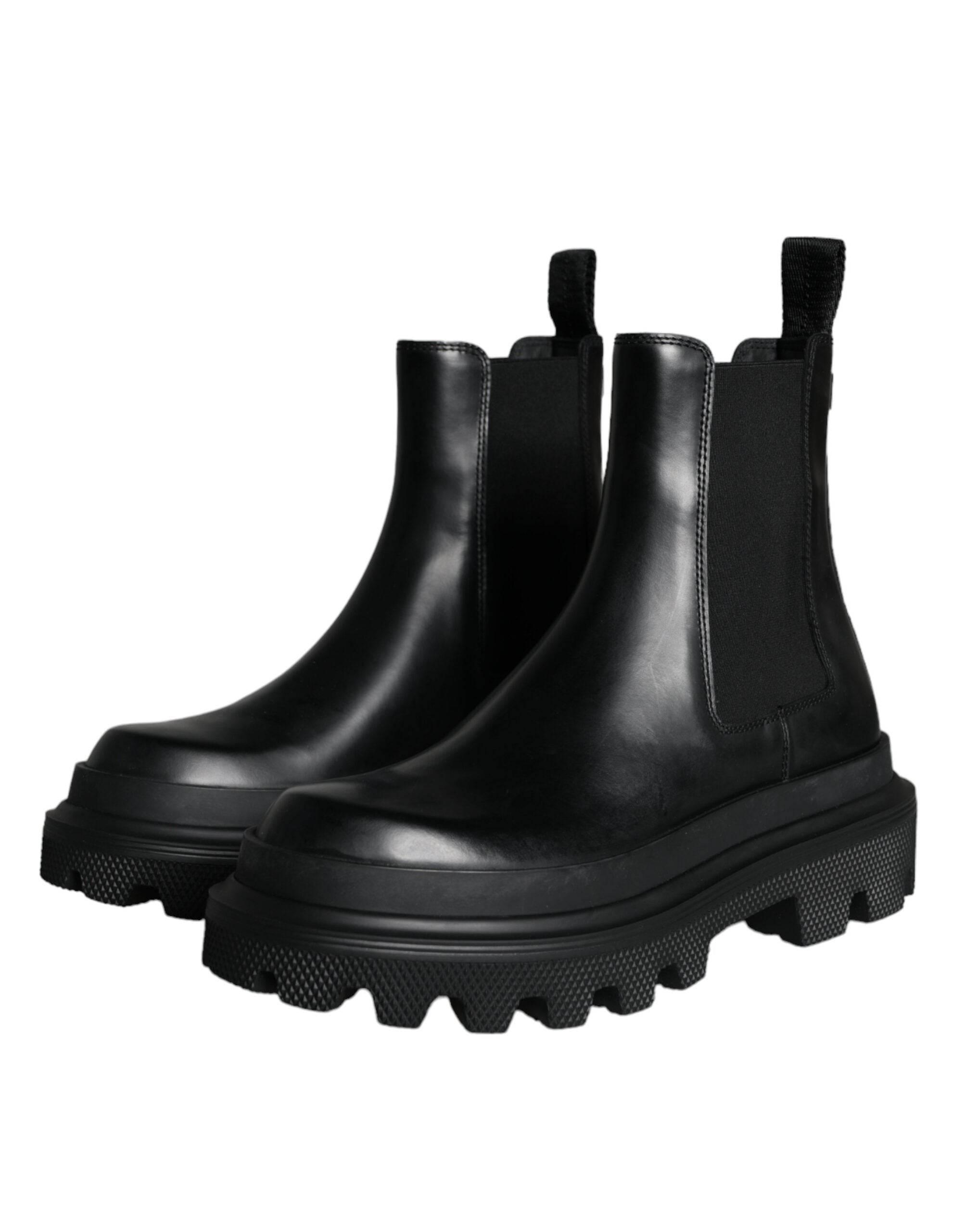 Dolce & Gabbana Black Leather Slip On Stretch Trekking Boots Shoes - Hilstor