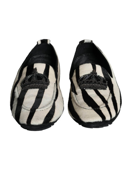 Dolce & Gabbana Black White Calf Fur Slip On Loafers Men Shoes - Hilstor