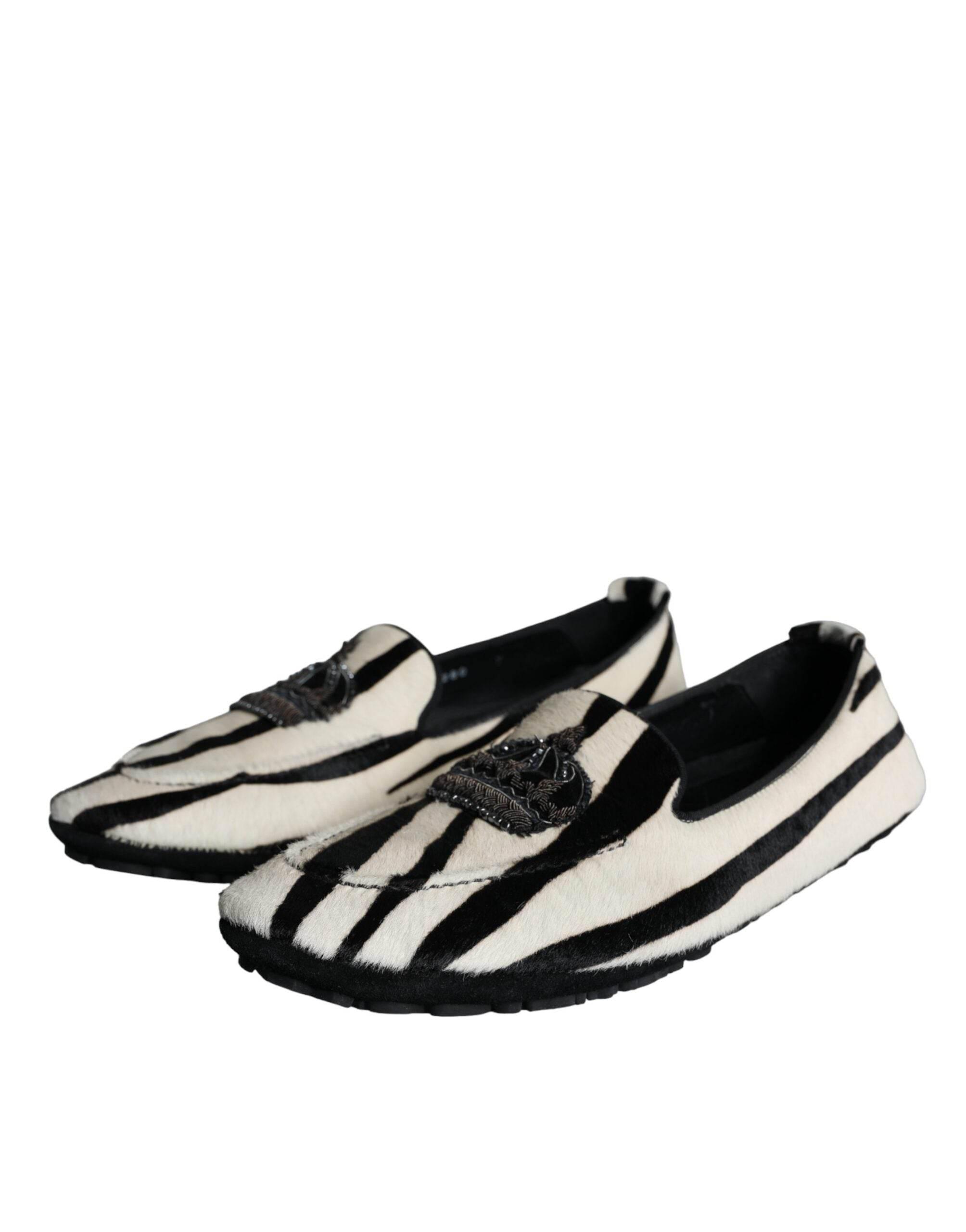 Dolce & Gabbana Black White Calf Fur Slip On Loafers Men Shoes - Hilstor