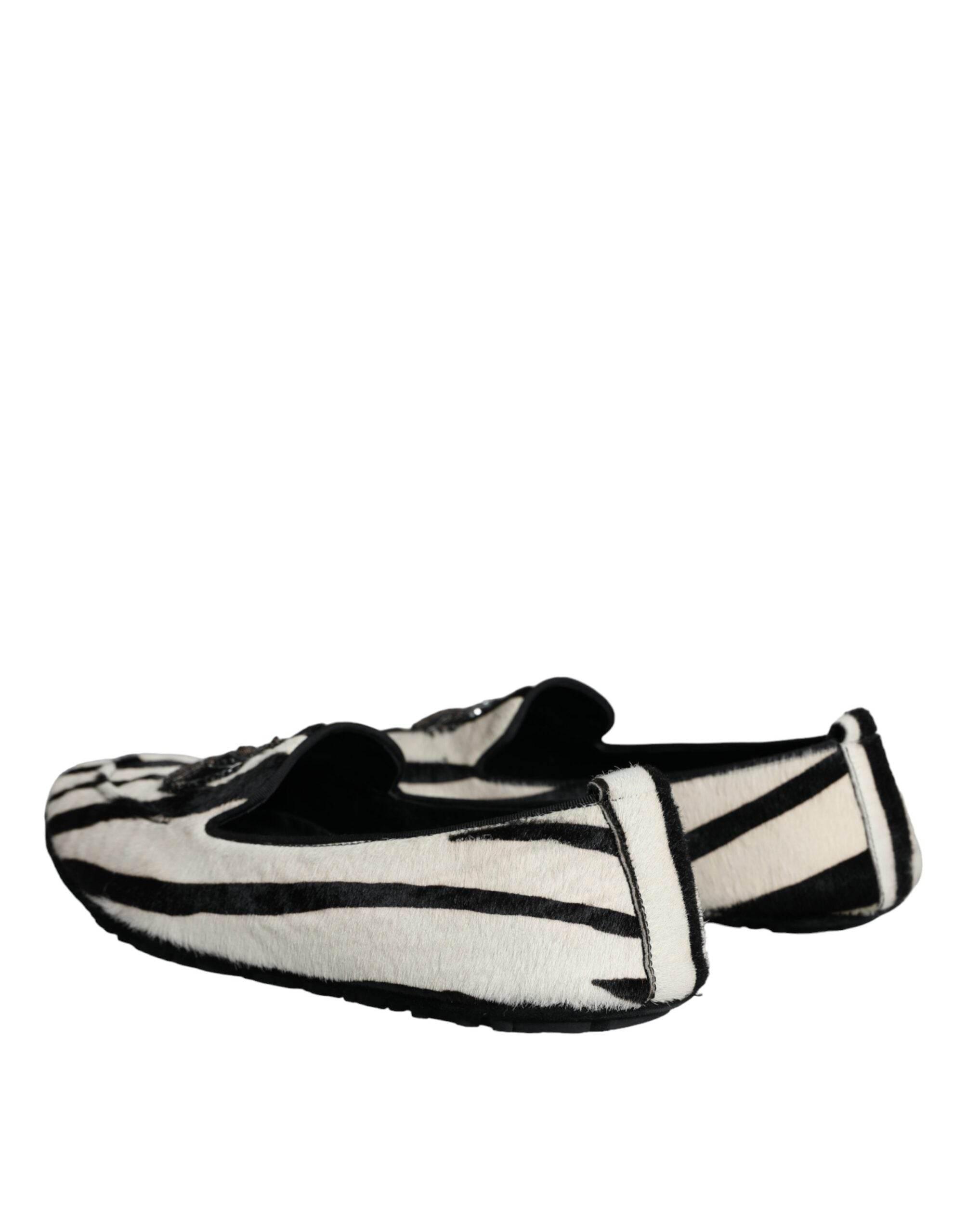Dolce & Gabbana Black White Calf Fur Slip On Loafers Men Shoes - Hilstor
