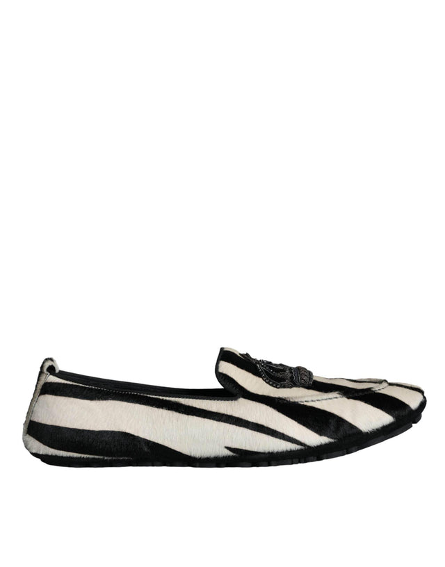 Dolce & Gabbana Black White Calf Fur Slip On Loafers Men Shoes - Hilstor