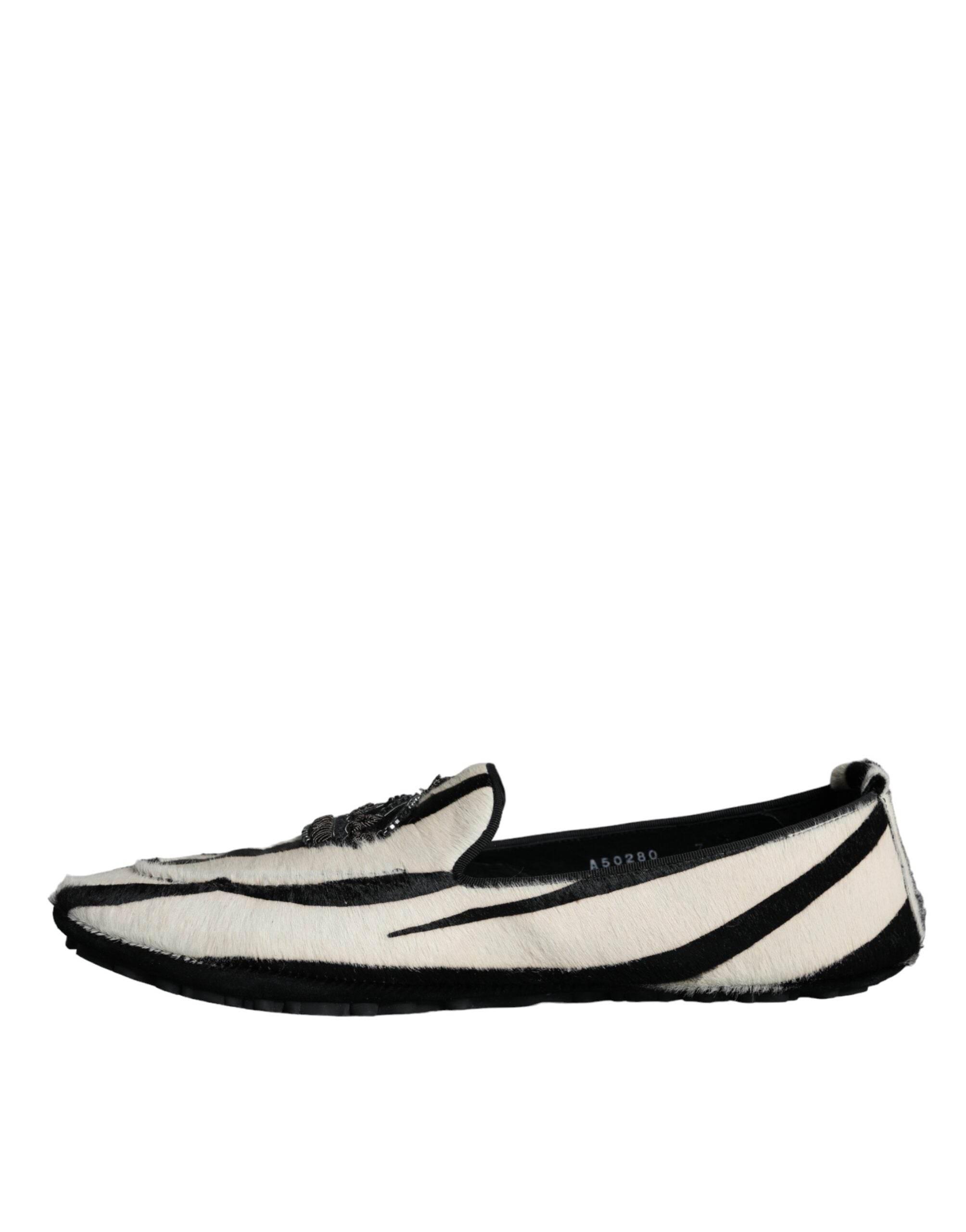 Dolce & Gabbana Black White Calf Fur Slip On Loafers Men Shoes - Hilstor