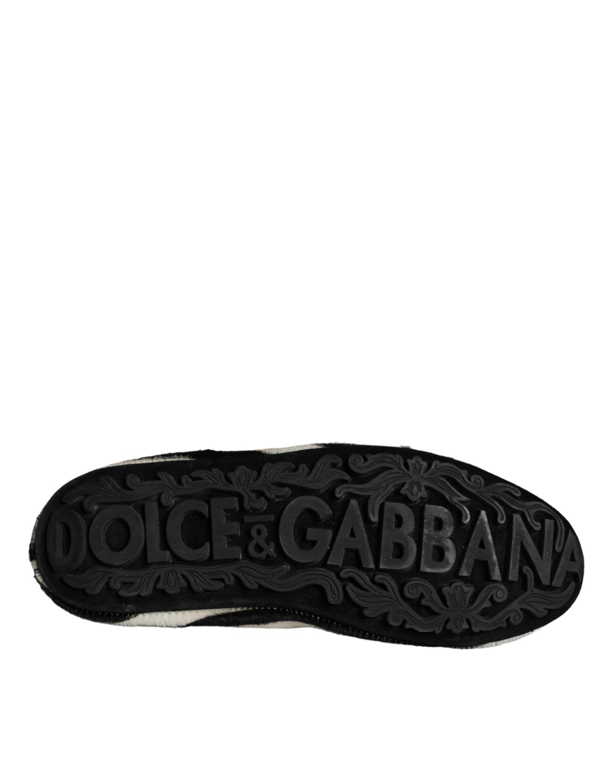 Dolce & Gabbana Black White Calf Fur Slip On Loafers Men Shoes - Hilstor