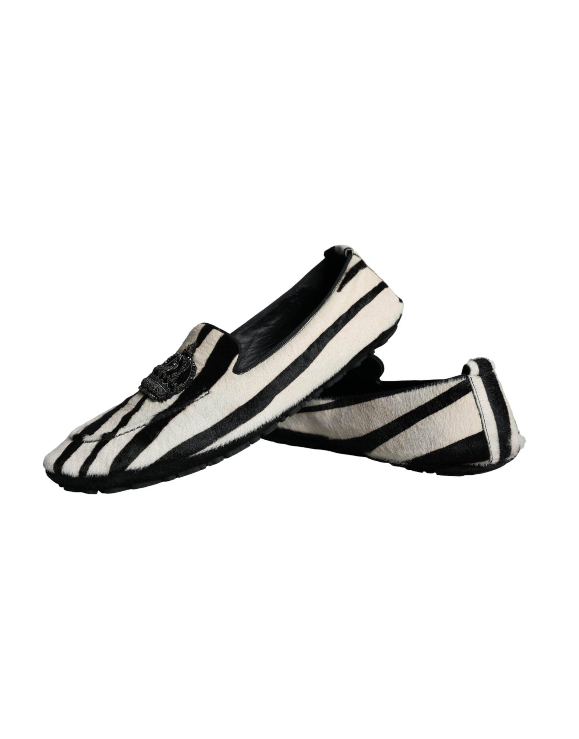Dolce & Gabbana Black White Calf Fur Slip On Loafers Men Shoes - Hilstor