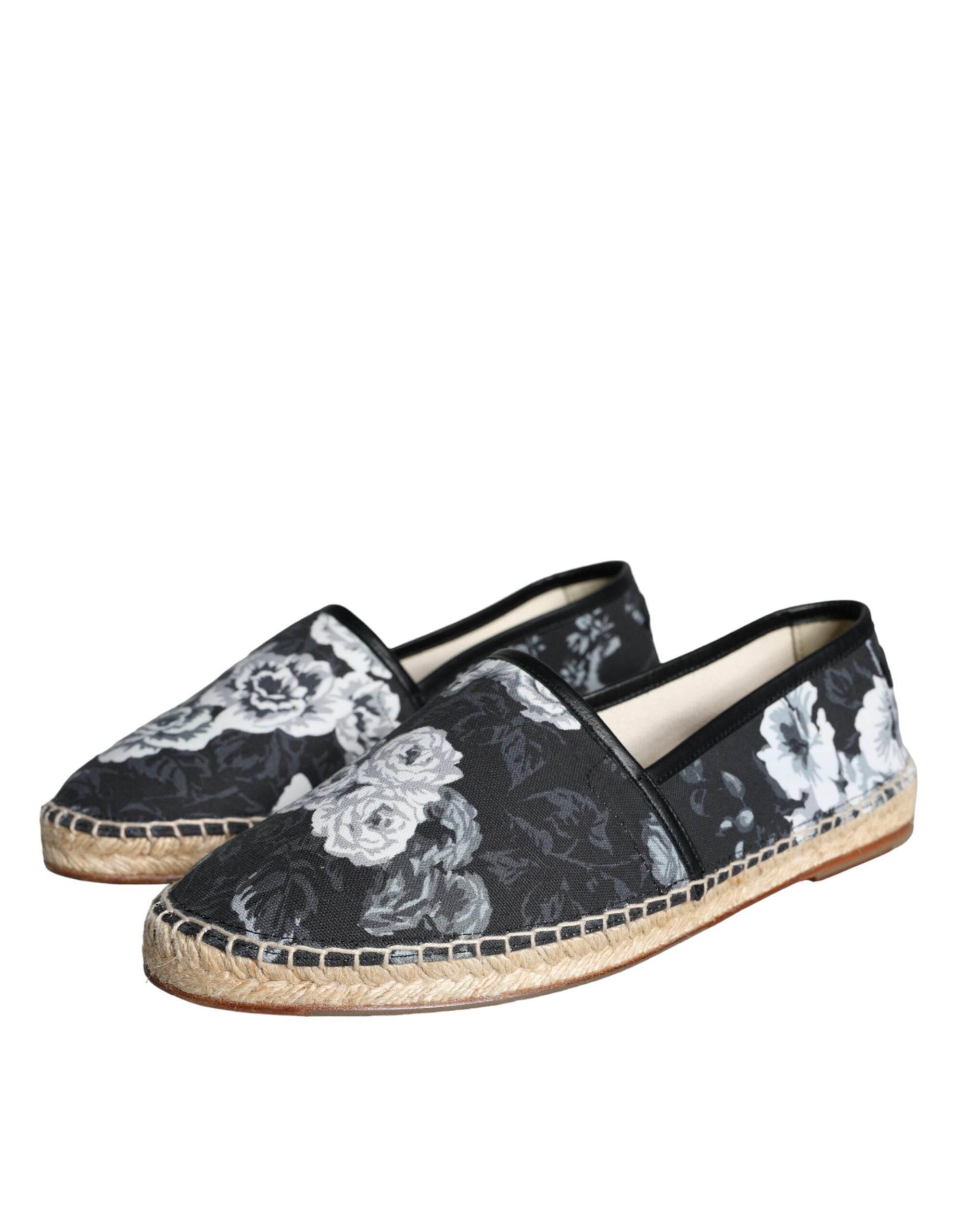 Dolce & Gabbana Black Floral Cotton Leather Espadrilles Shoes - Hilstor