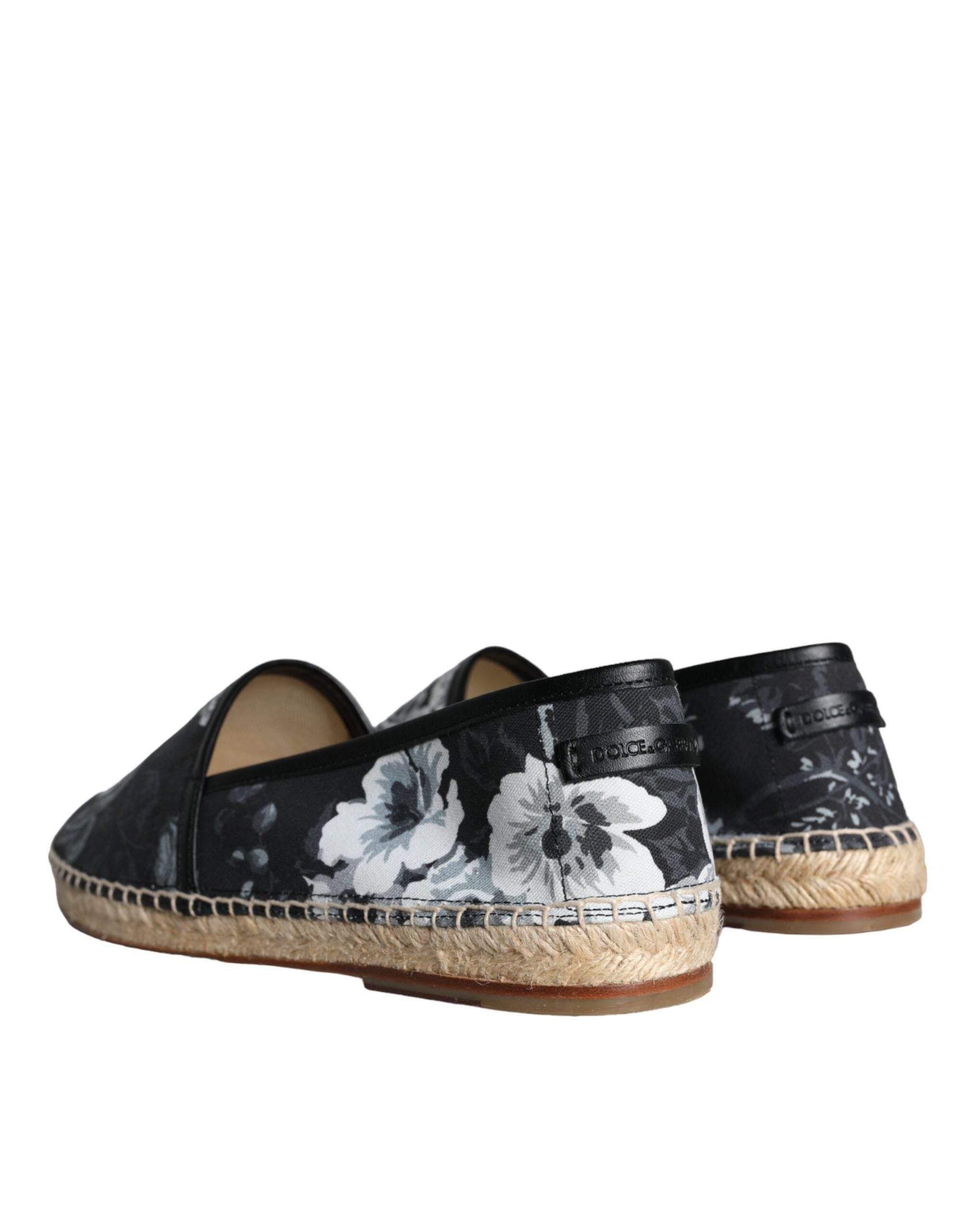 Dolce & Gabbana Black Floral Cotton Leather Espadrilles Shoes - Hilstor