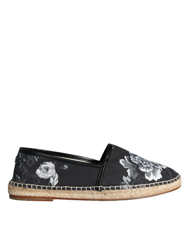 Dolce & Gabbana Black Floral Cotton Leather Espadrilles Shoes - Hilstor