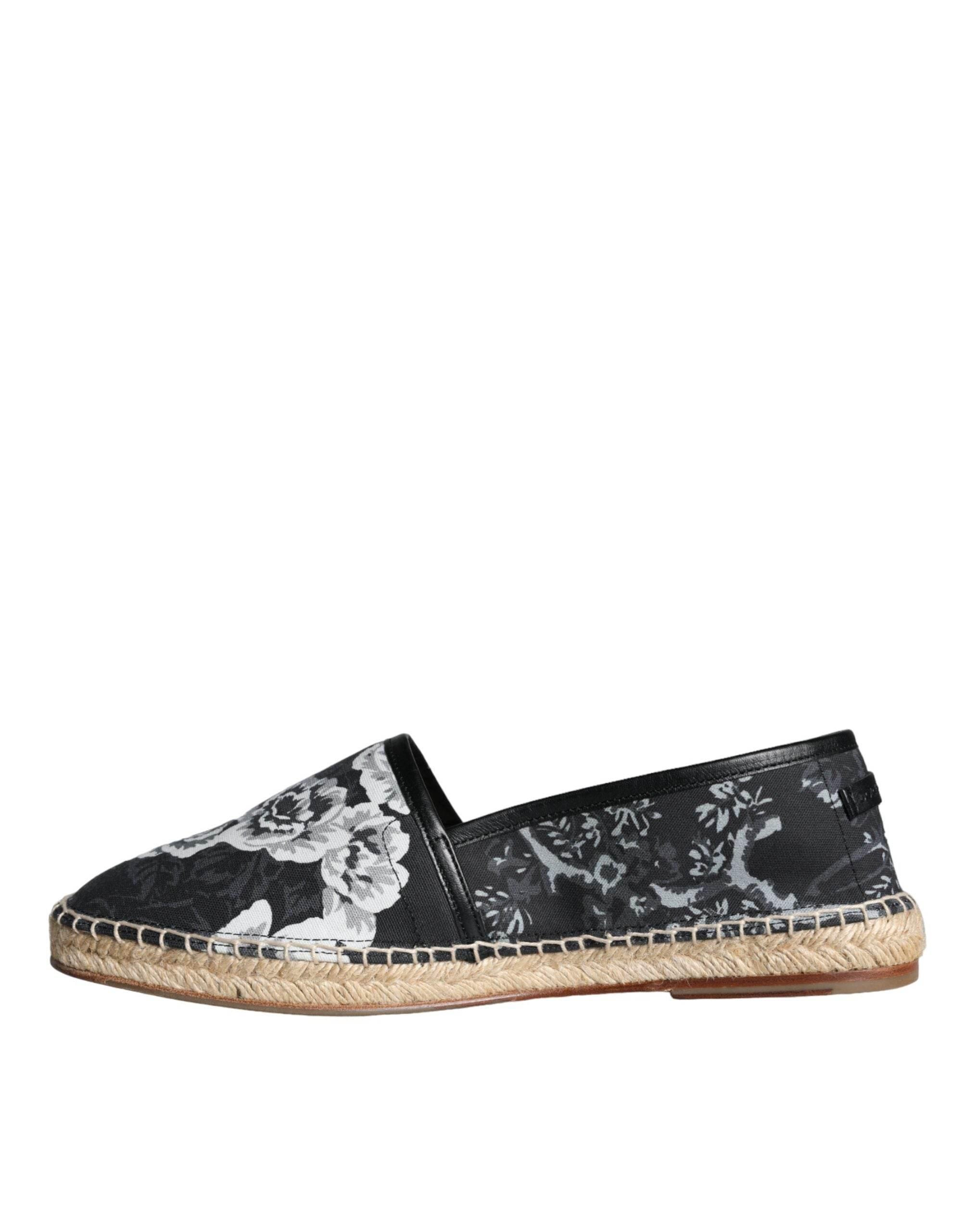 Dolce & Gabbana Black Floral Cotton Leather Espadrilles Shoes - Hilstor