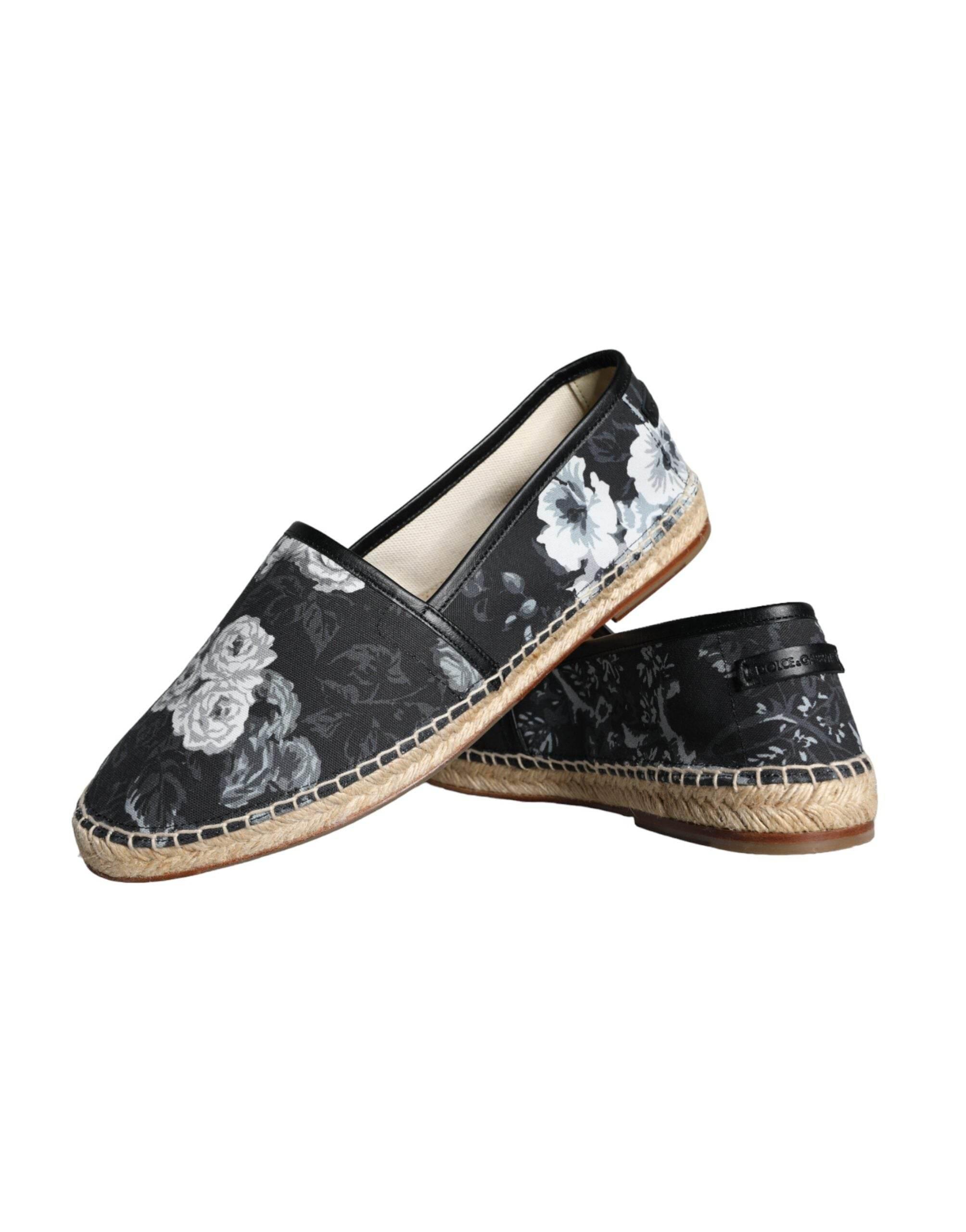 Dolce & Gabbana Black Floral Cotton Leather Espadrilles Shoes - Hilstor