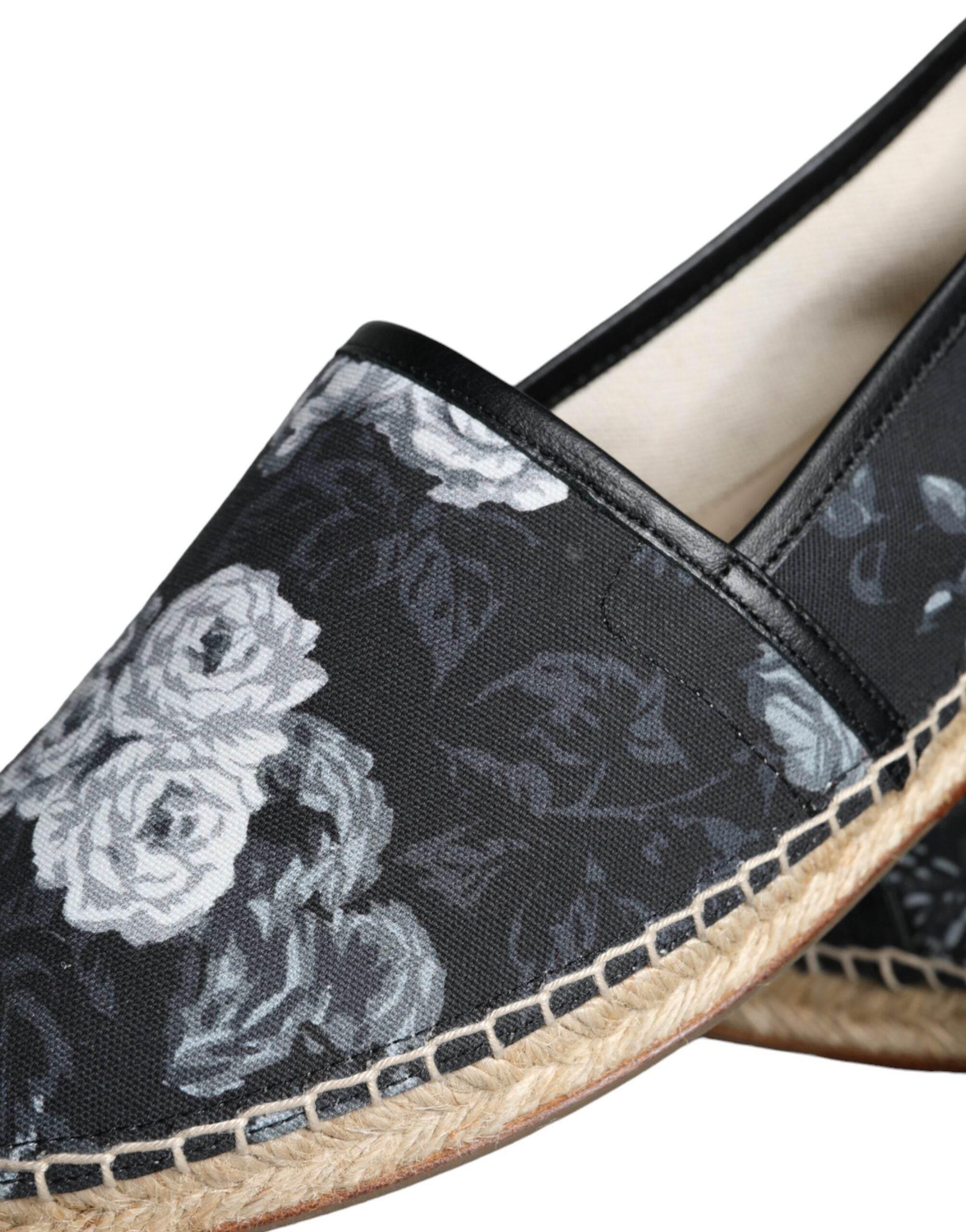 Dolce & Gabbana Black Floral Cotton Leather Espadrilles Shoes - Hilstor