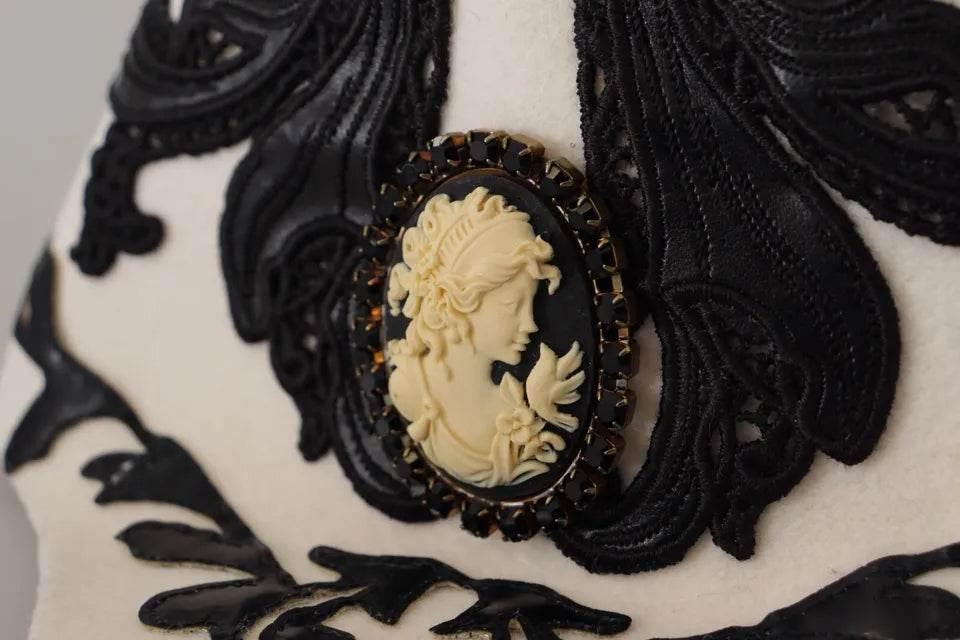 Dolce & Gabbana White Black Wool Embroidered Cameo Brooch Hat - Hilstor