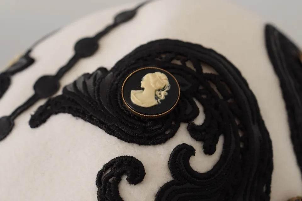 Dolce & Gabbana White Black Wool Embroidered Cameo Brooch Hat - Hilstor