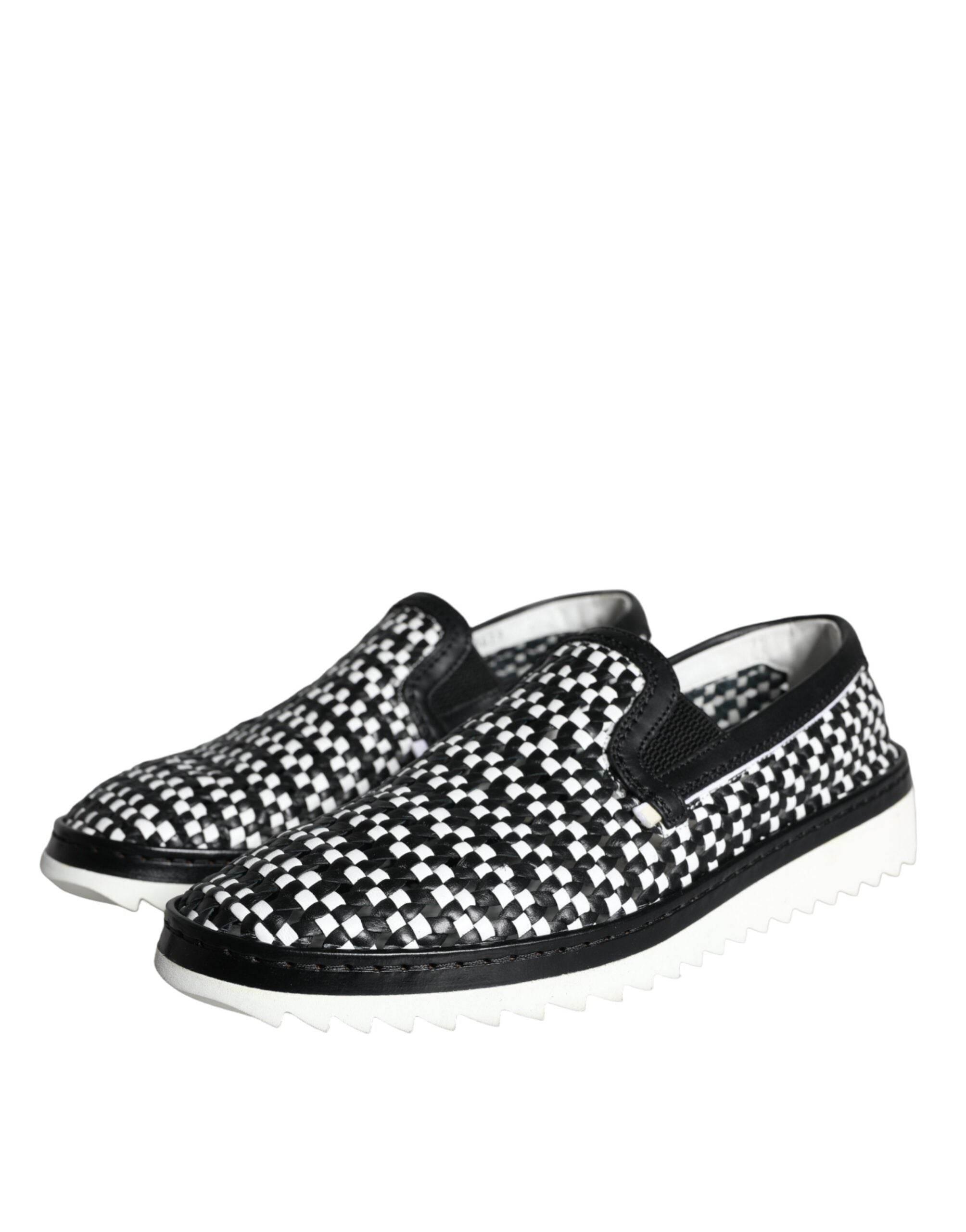 Dolce & Gabbana Black White Weaved Slip On Men Loafers Shoes - Hilstor