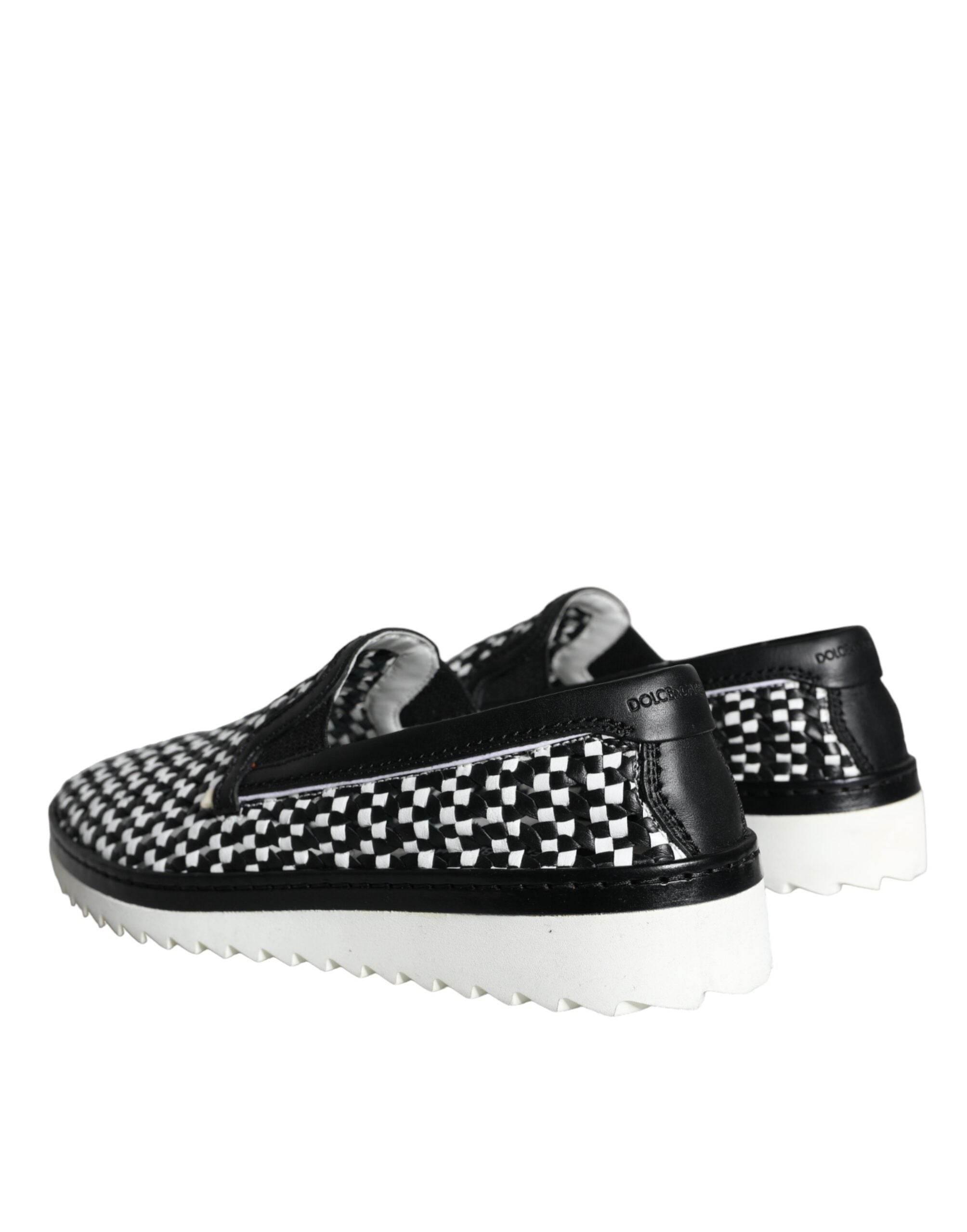 Dolce & Gabbana Black White Weaved Slip On Men Loafers Shoes - Hilstor