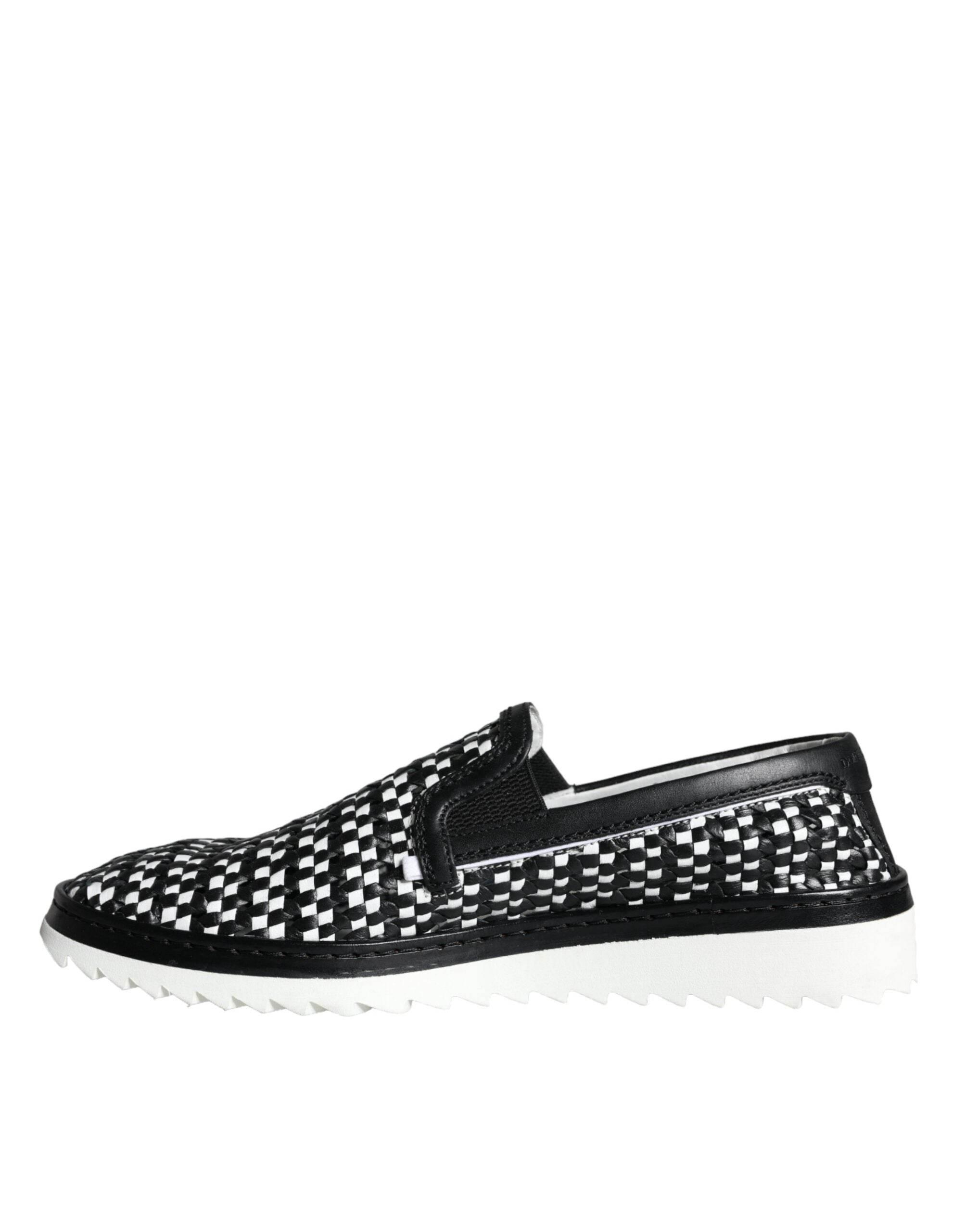Dolce & Gabbana Black White Weaved Slip On Men Loafers Shoes - Hilstor