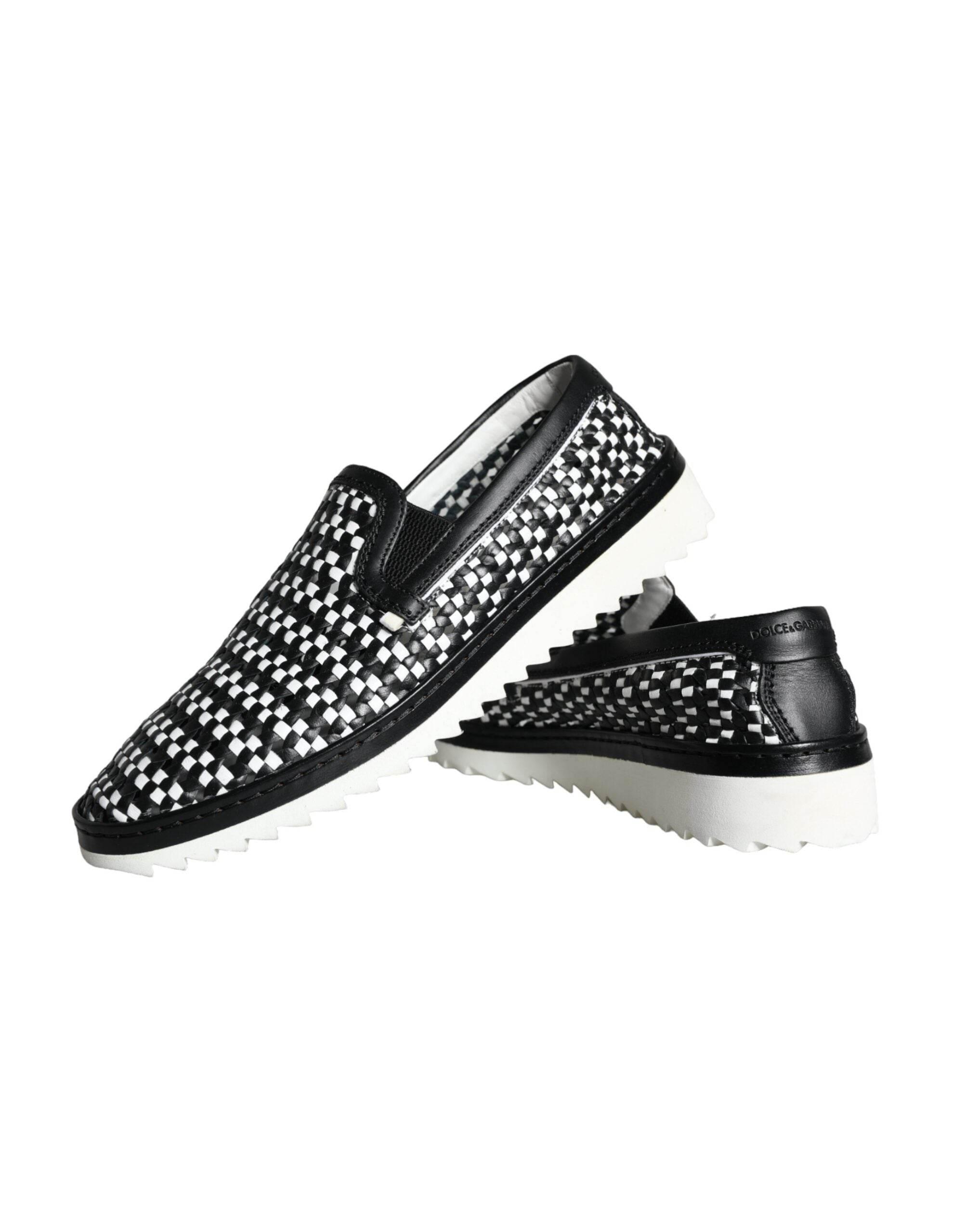 Dolce & Gabbana Black White Weaved Slip On Men Loafers Shoes - Hilstor
