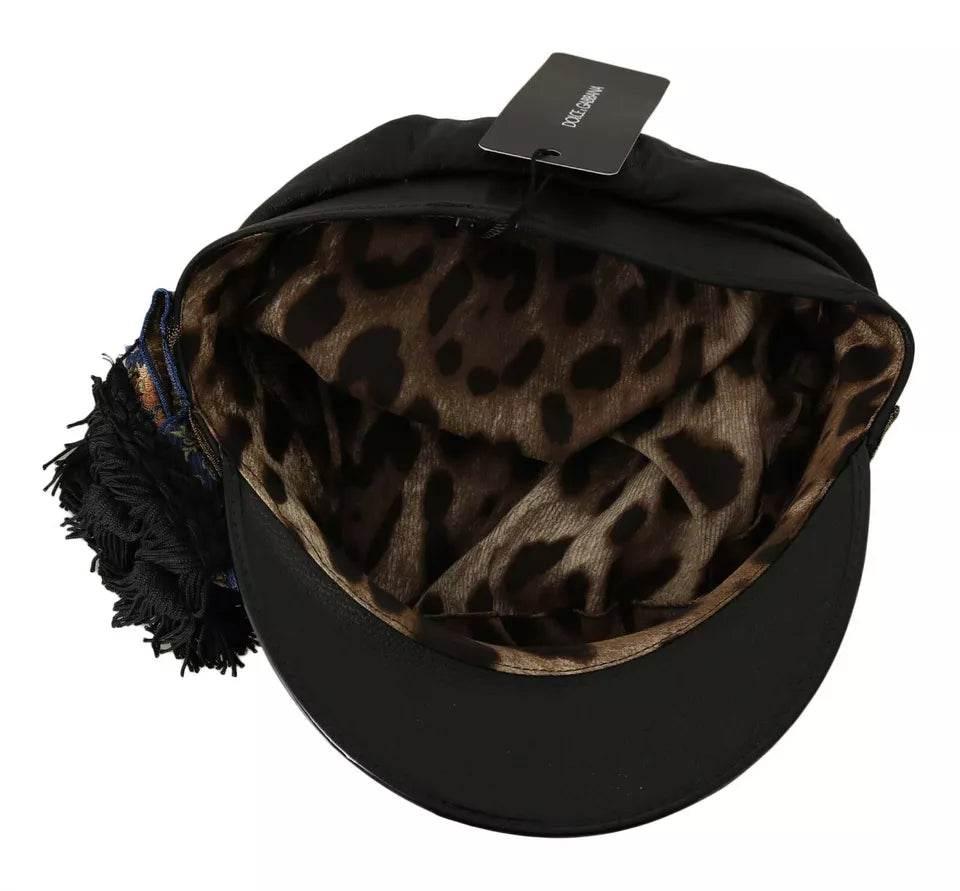 Dolce & Gabbana Black Leather Crystal Beads Gold Ribbon Fiddler Cap - Hilstor