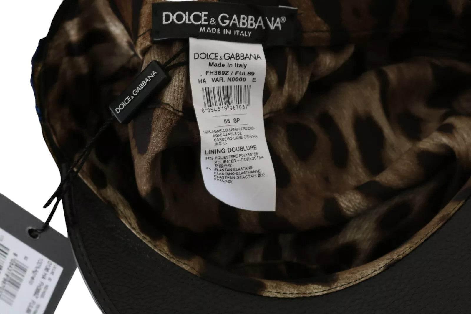 Dolce & Gabbana Black Leather Crystal Beads Gold Ribbon Fiddler Cap - Hilstor