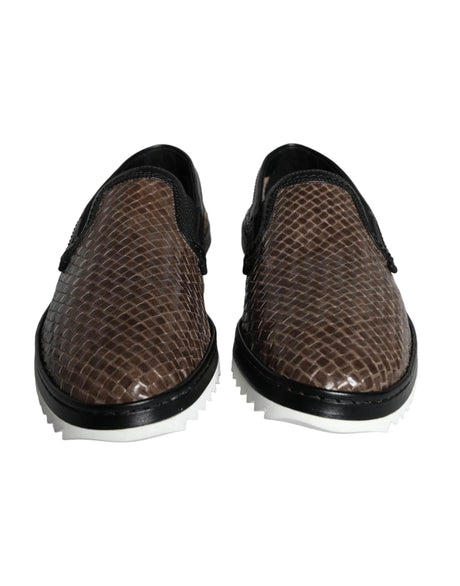 Dolce & Gabbana Brown Black Leather Weaved Men Loafers Shoes - Hilstor